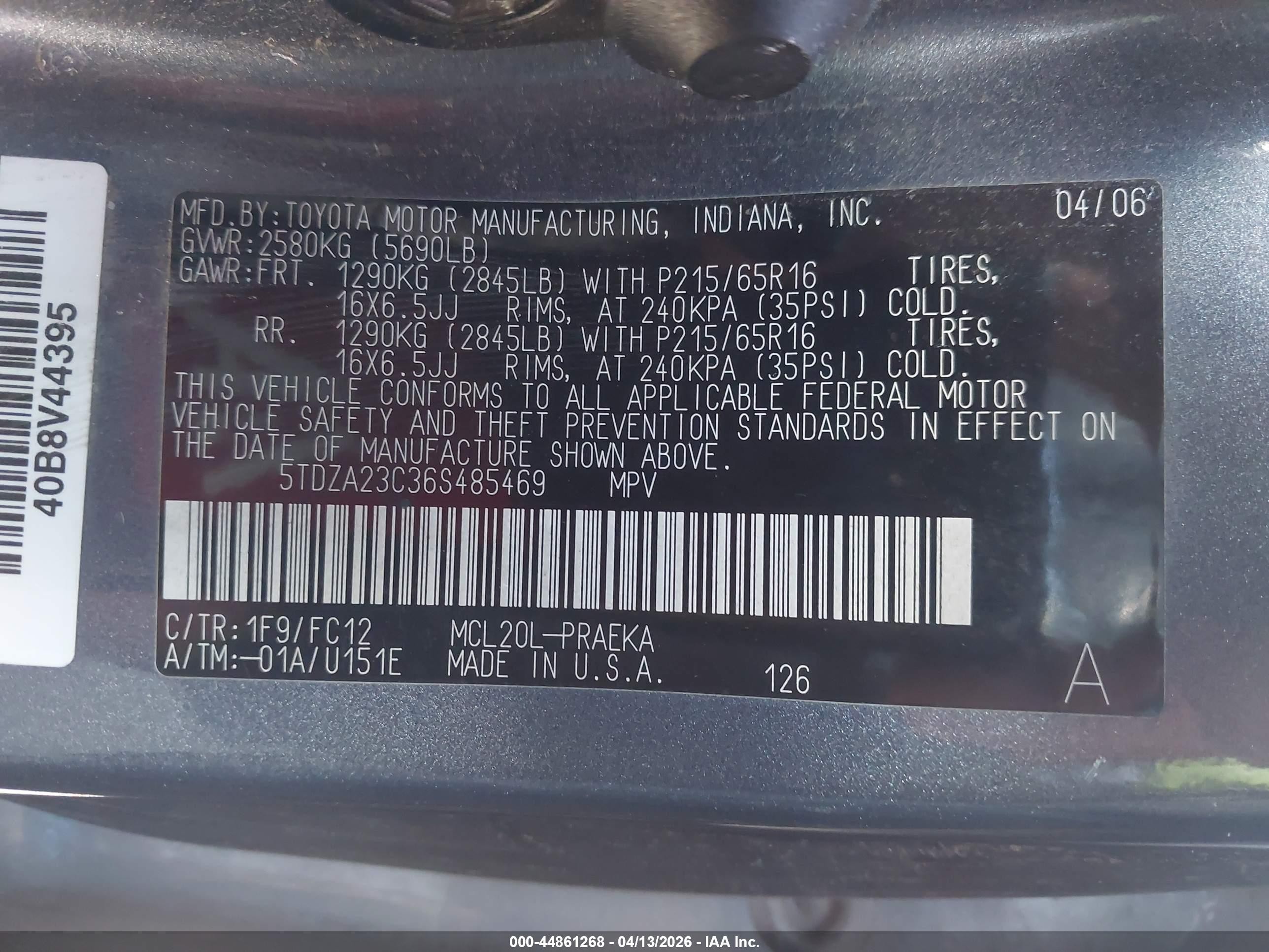2006 Toyota Sienna Le Gray vin: 5TDZA23C36S485469
