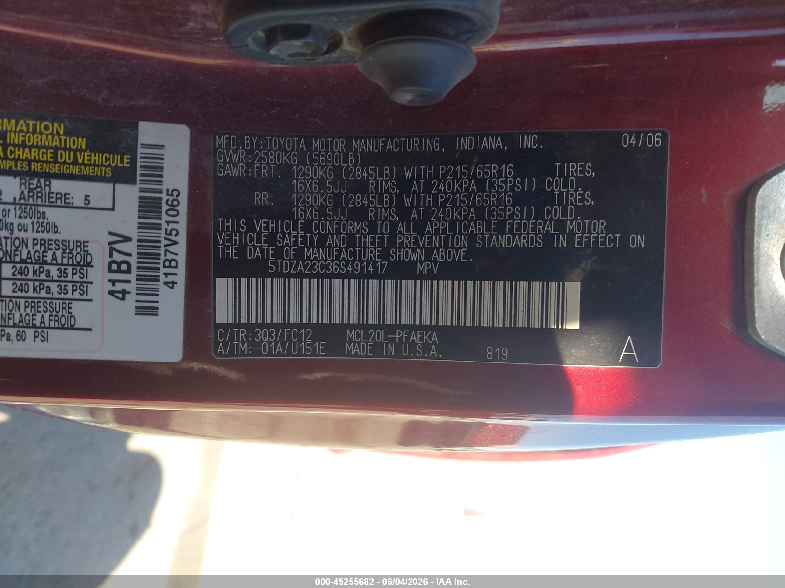2006 Toyota Sienna Le Красный vin: 5TDZA23C36S491417