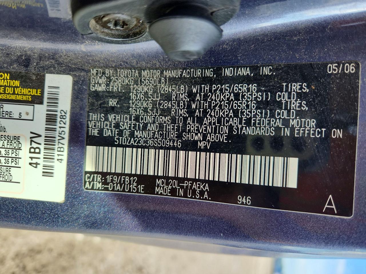2006 Toyota Sienna Ce 7 Passenger Blue vin: 5TDZA23C36S509446