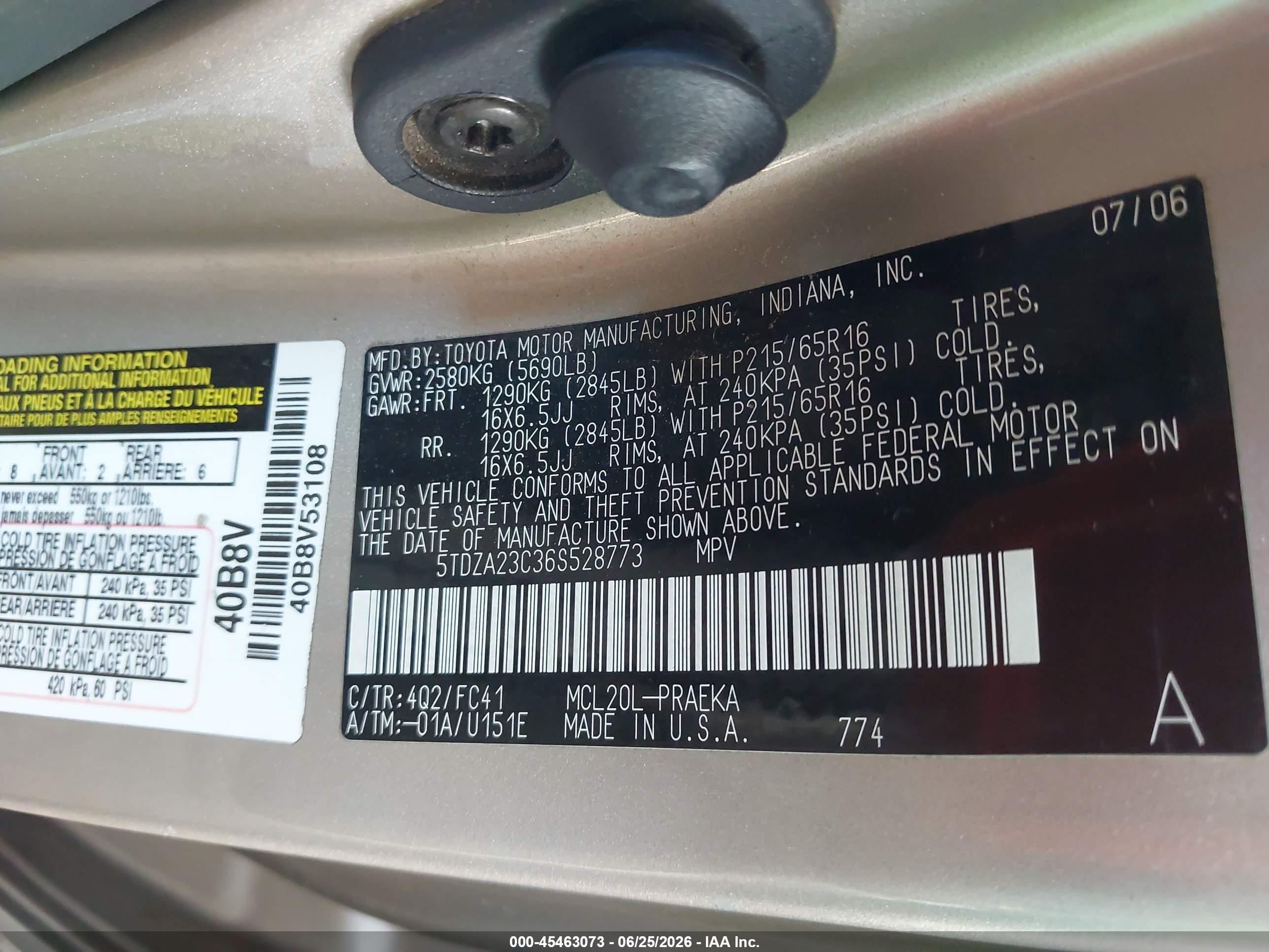 2006 Toyota Sienna Le Gold vin: 5TDZA23C36S528773