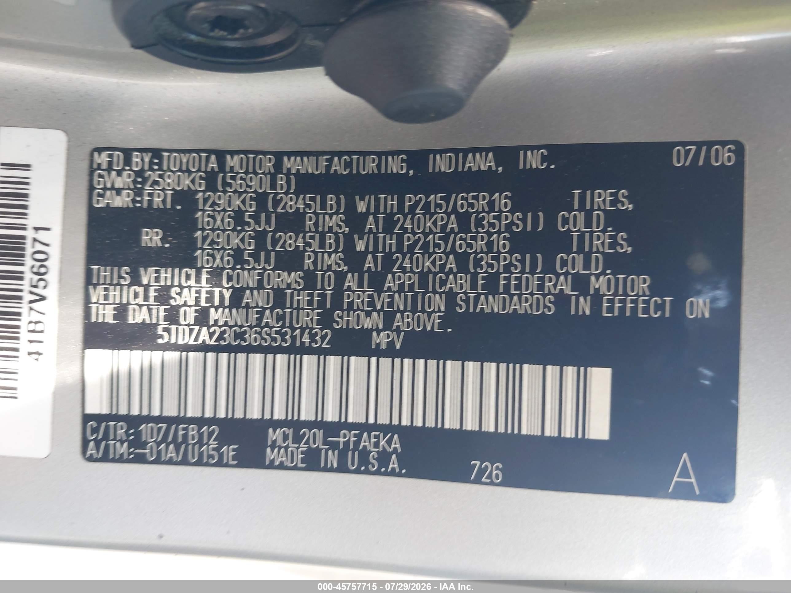 2006 Toyota Sienna Ce Champagne vin: 5TDZA23C36S531432