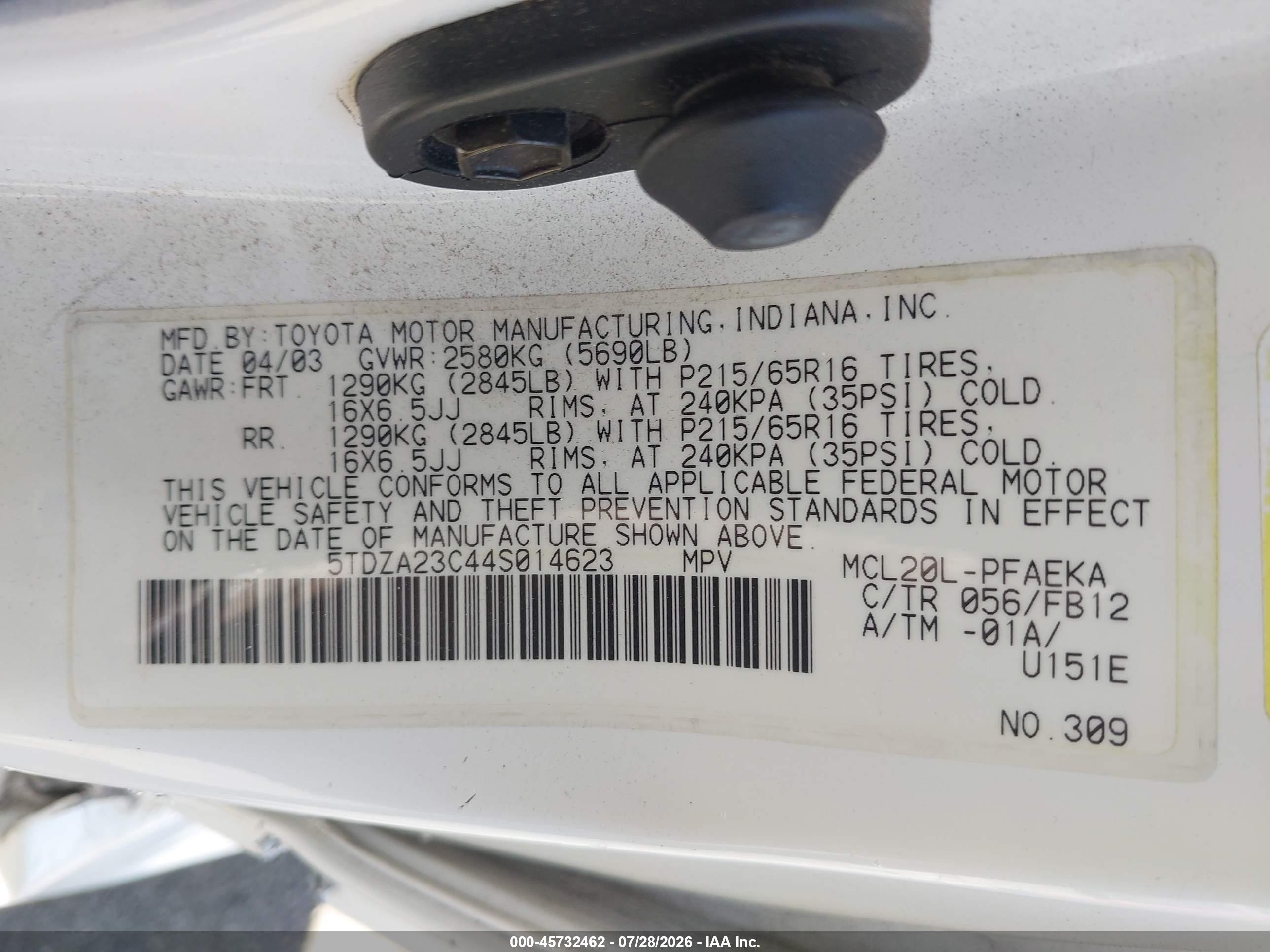 2004 Toyota Sienna Le White vin: 5TDZA23C44S014623