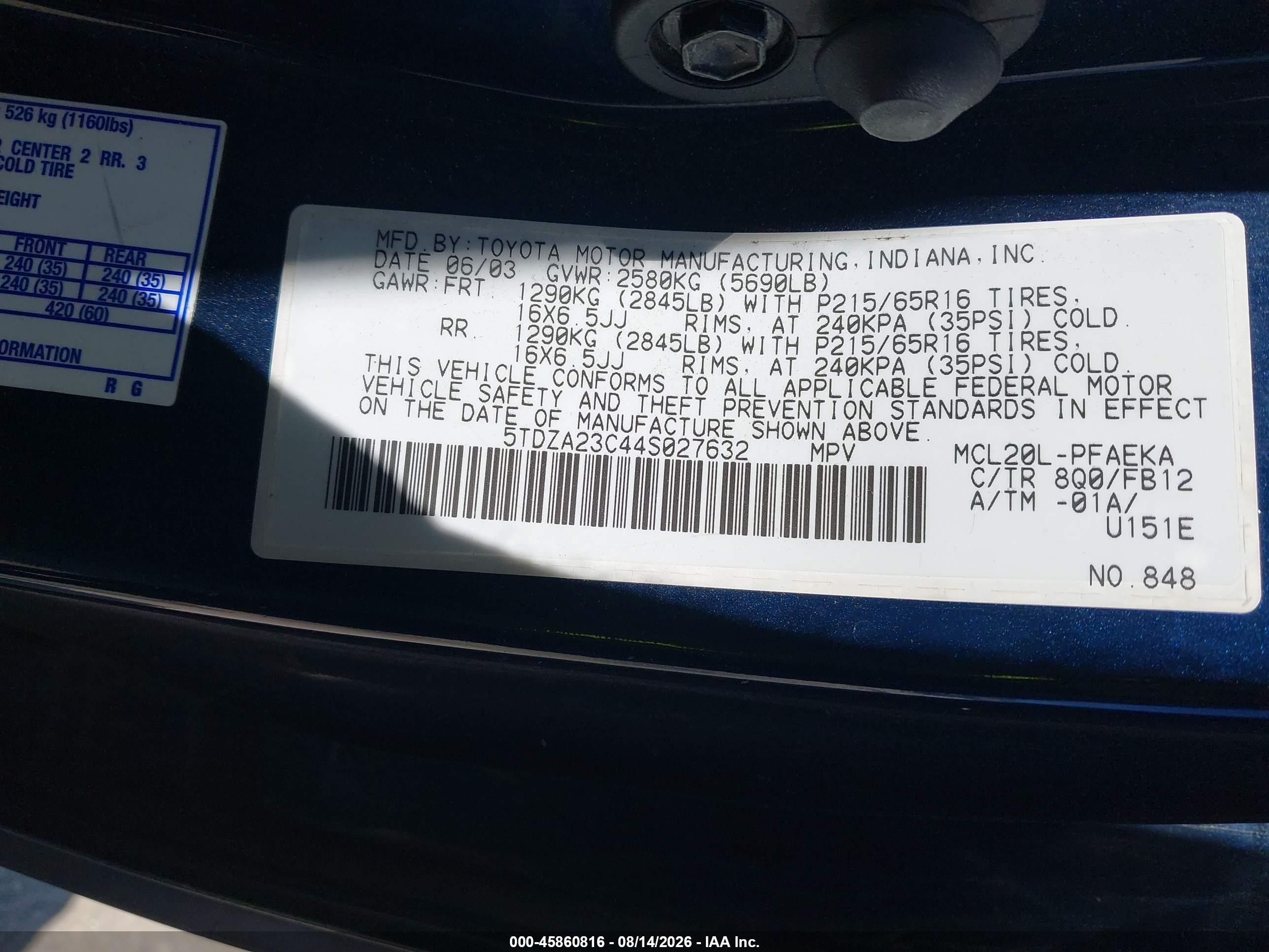 2004 Toyota Sienna Le Blue vin: 5TDZA23C44S027632