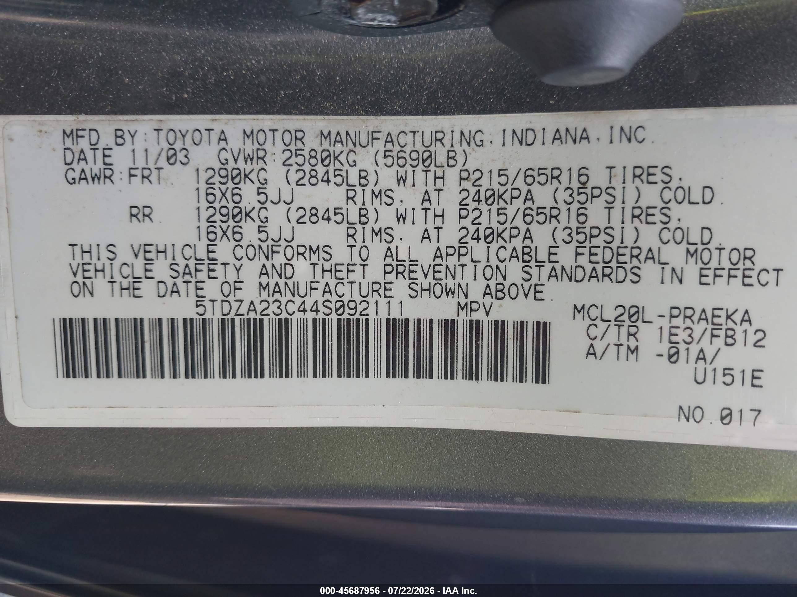 2004 Toyota Sienna Le Gray vin: 5TDZA23C44S092111
