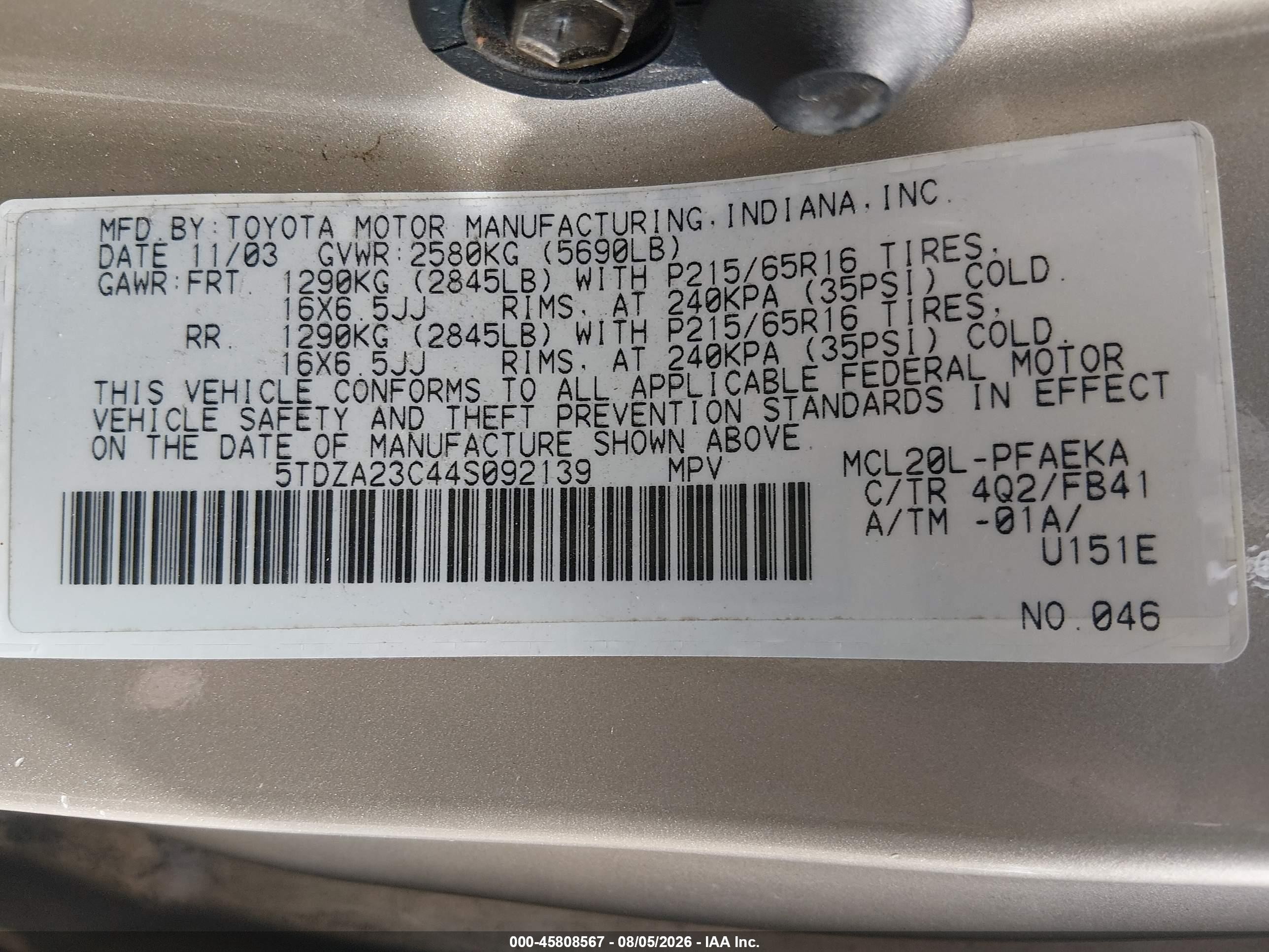 2004 Toyota Sienna Le Gold vin: 5TDZA23C44S092139