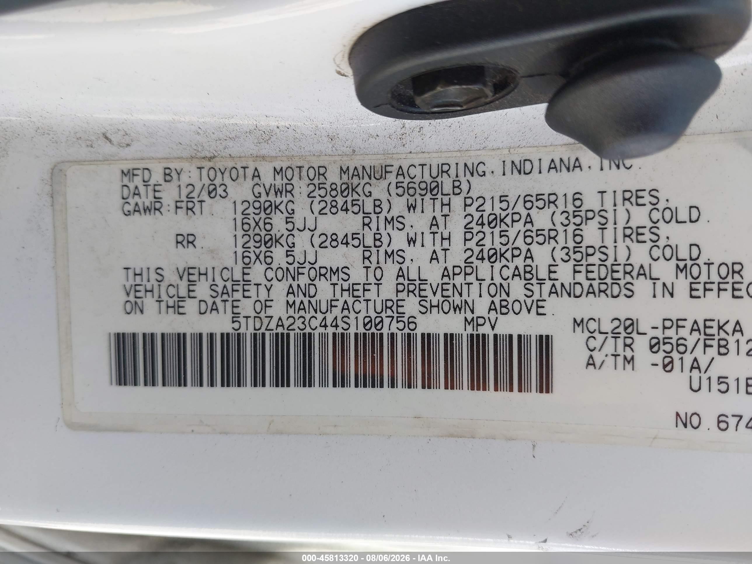 2004 Toyota Sienna Le White vin: 5TDZA23C44S100756