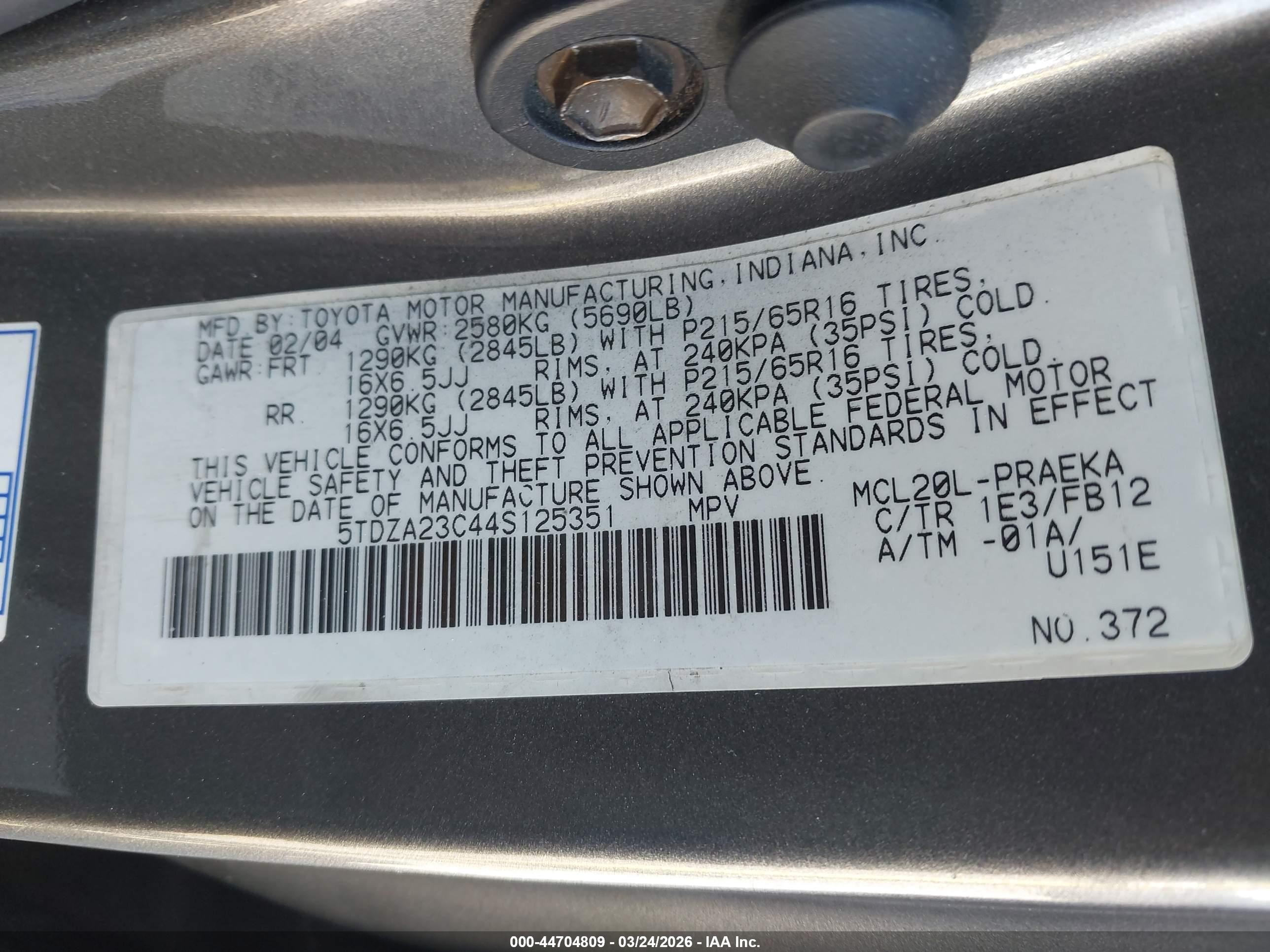 2004 Toyota Sienna Le Gray vin: 5TDZA23C44S125351