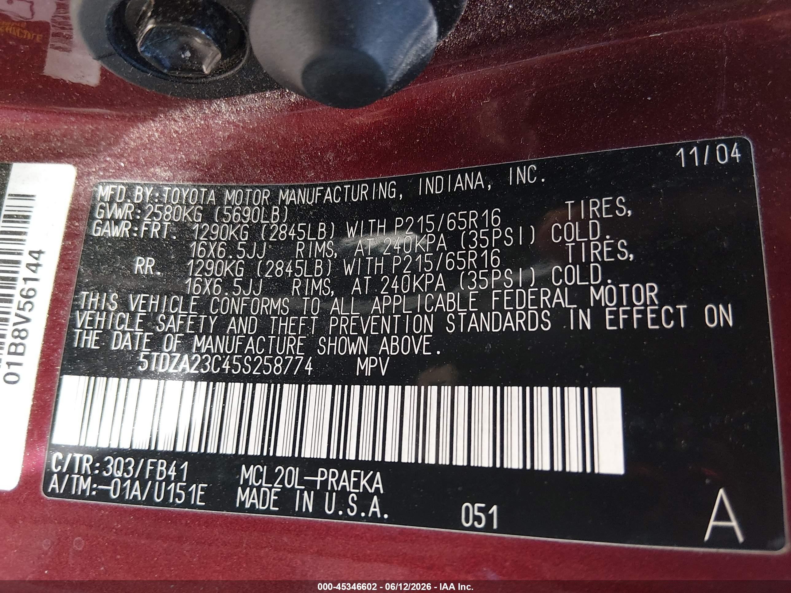2005 Toyota Sienna Le Red vin: 5TDZA23C45S258774