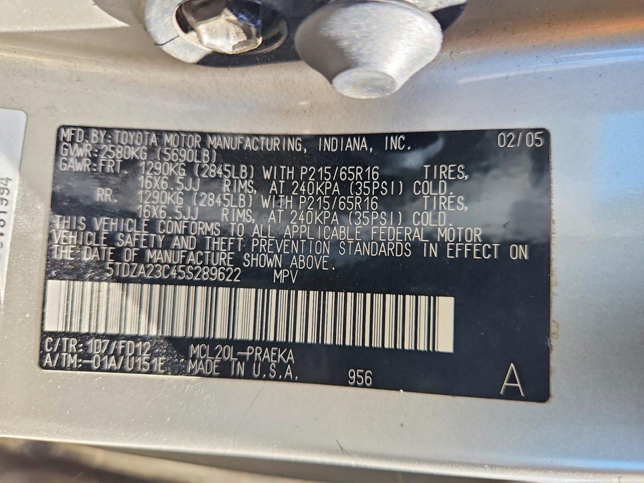 2005 Toyota Sienna Ce 8 Passenger Gray vin: 5TDZA23C45S289622