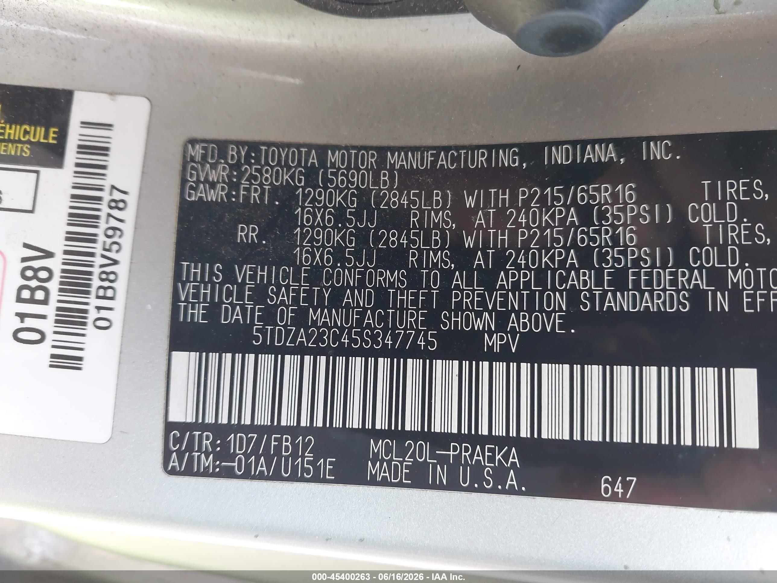 2005 Toyota Sienna Le Tan vin: 5TDZA23C45S347745
