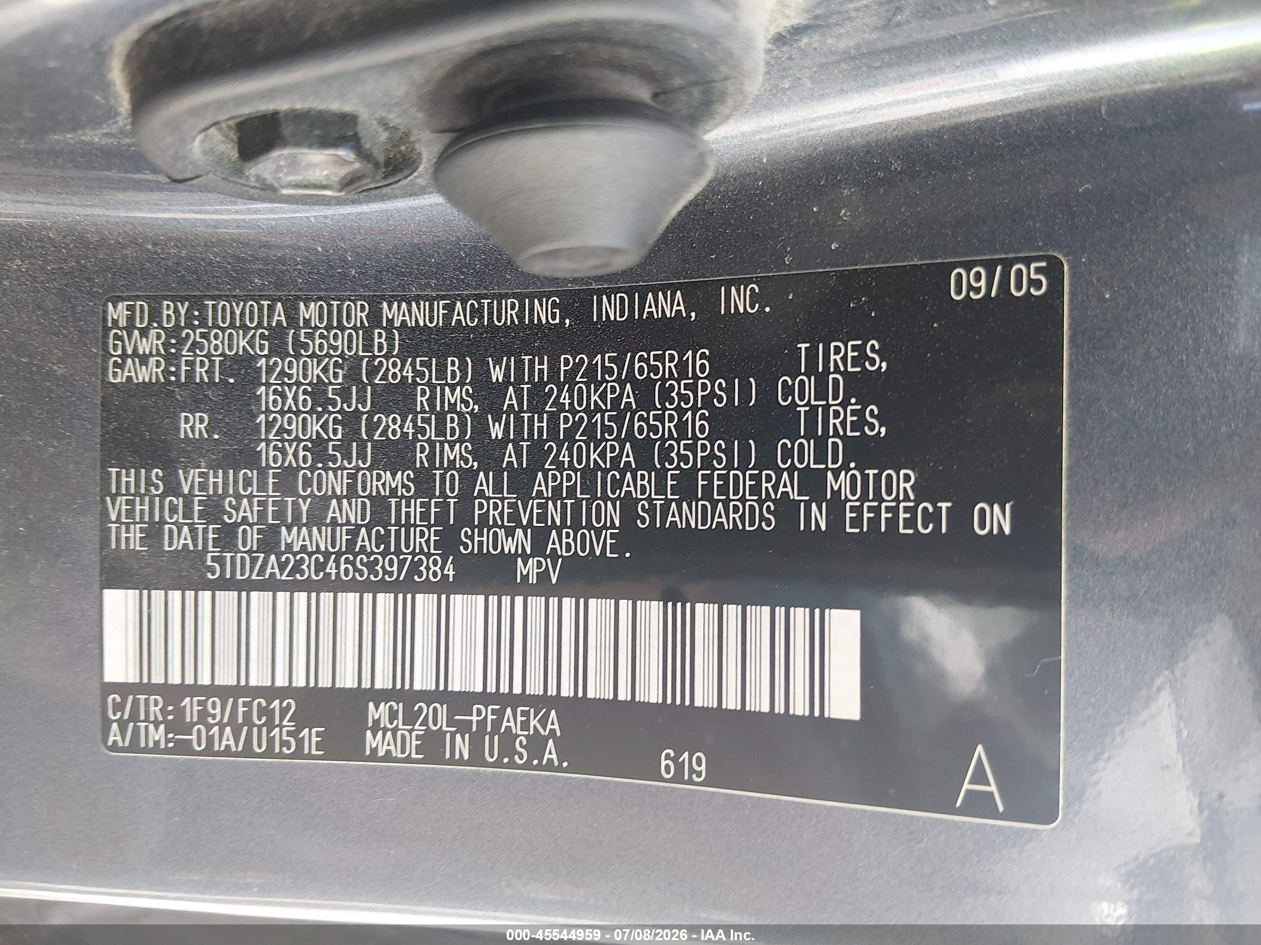 2006 Toyota Sienna Le Blue vin: 5TDZA23C46S397384