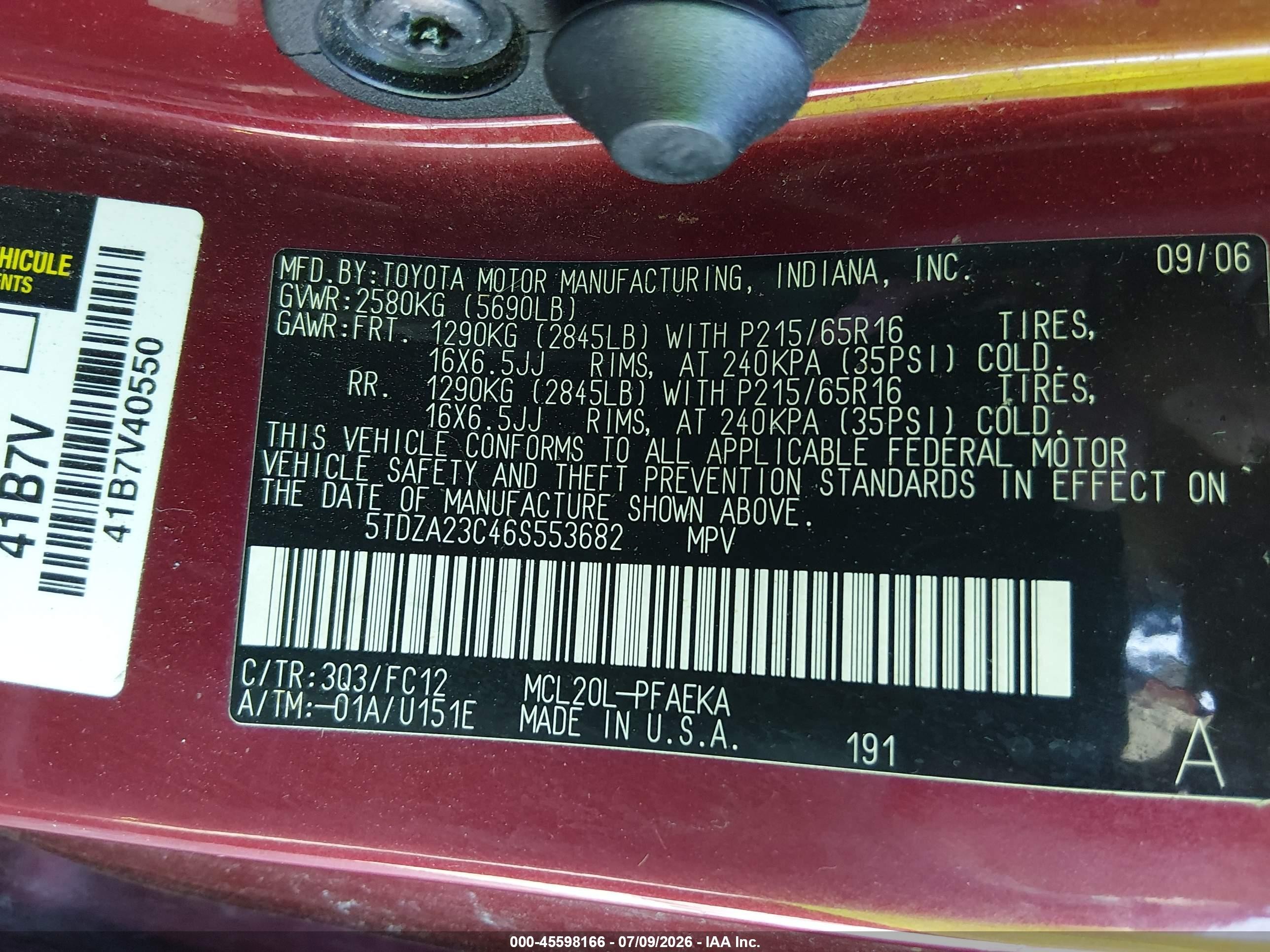 2006 Toyota Sienna Le Red vin: 5TDZA23C46S553682