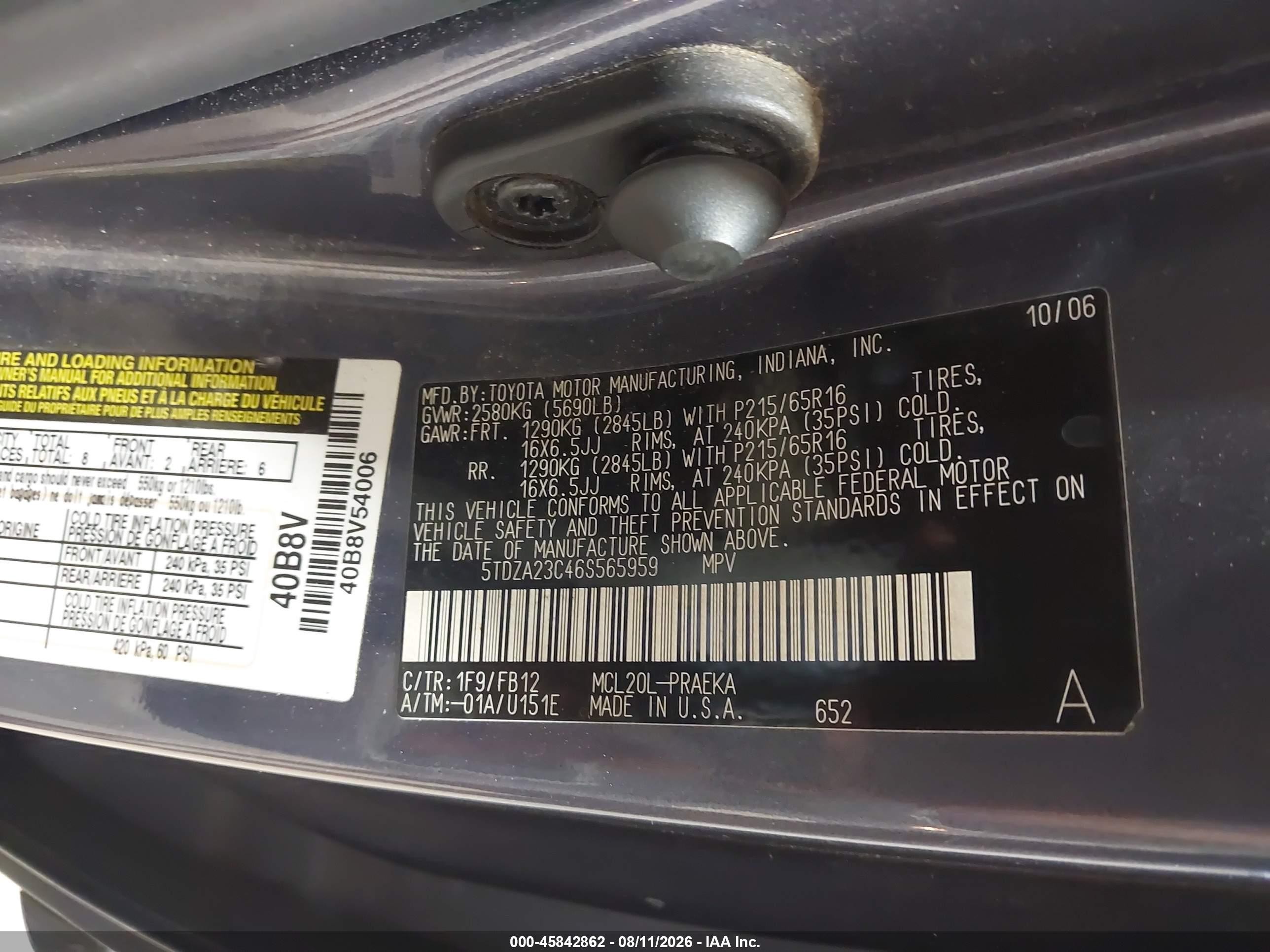 2006 Toyota Sienna Ce Blue vin: 5TDZA23C46S565959
