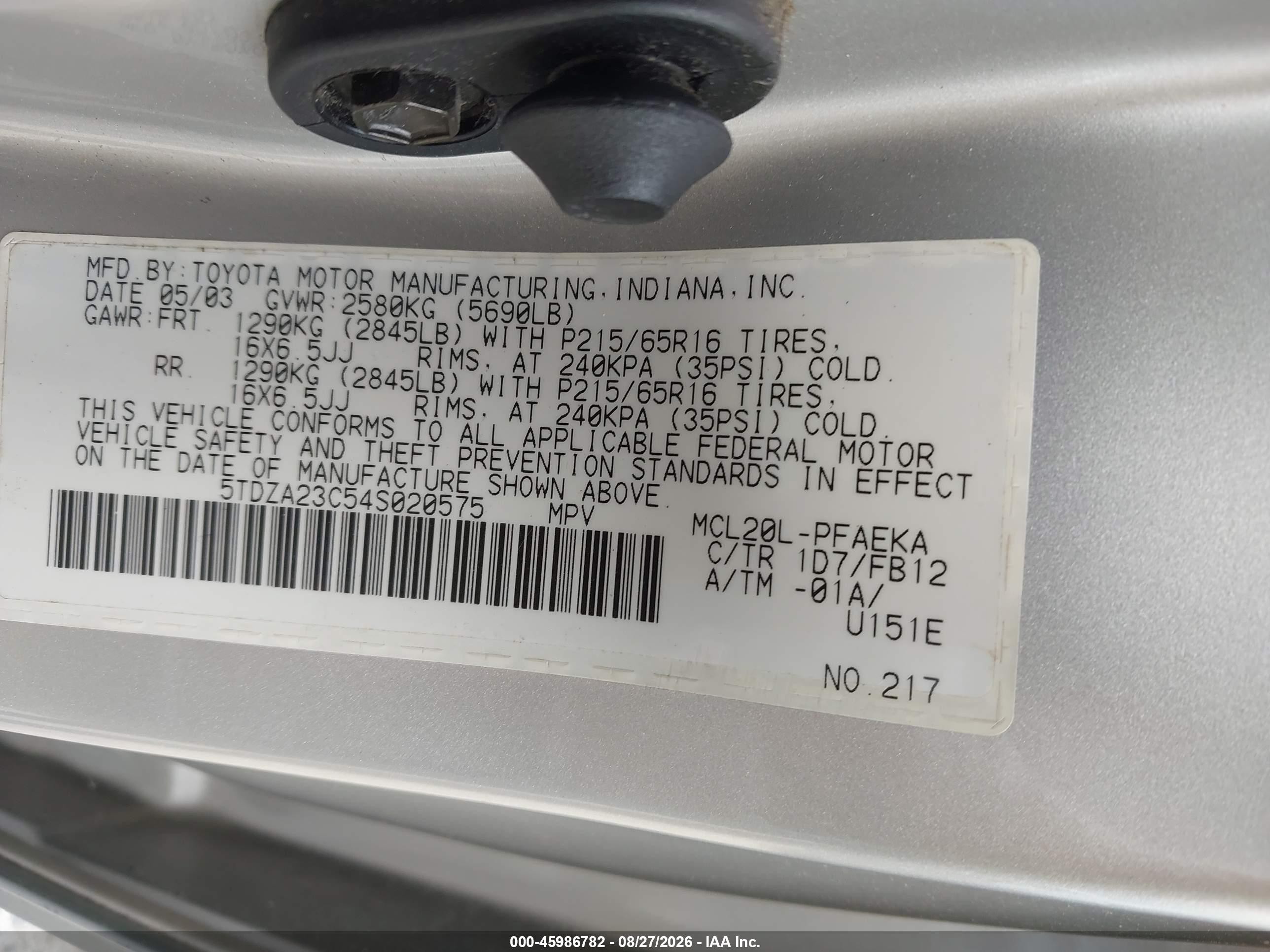 2004 Toyota Sienna Le Silver vin: 5TDZA23C54S020575