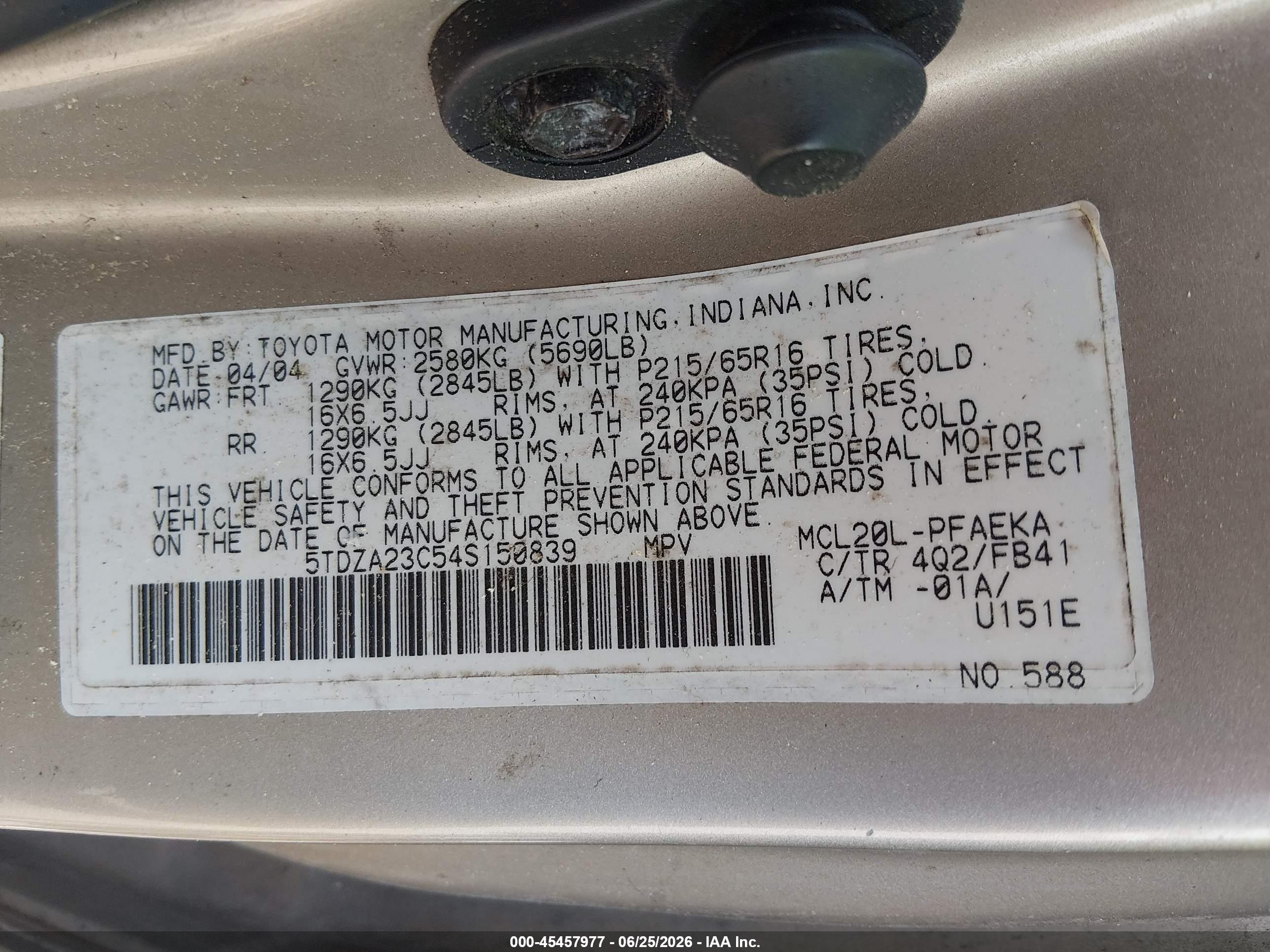 2004 Toyota Sienna Le Gold vin: 5TDZA23C54S150839