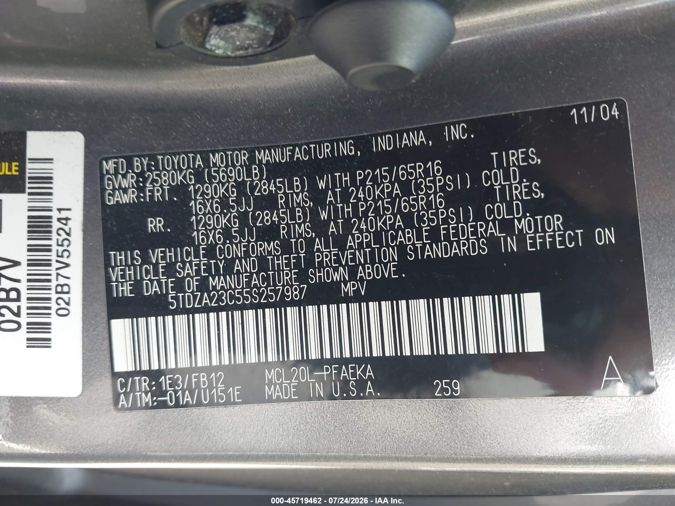 2005 Toyota Sienna Le Gray vin: 5TDZA23C55S257987