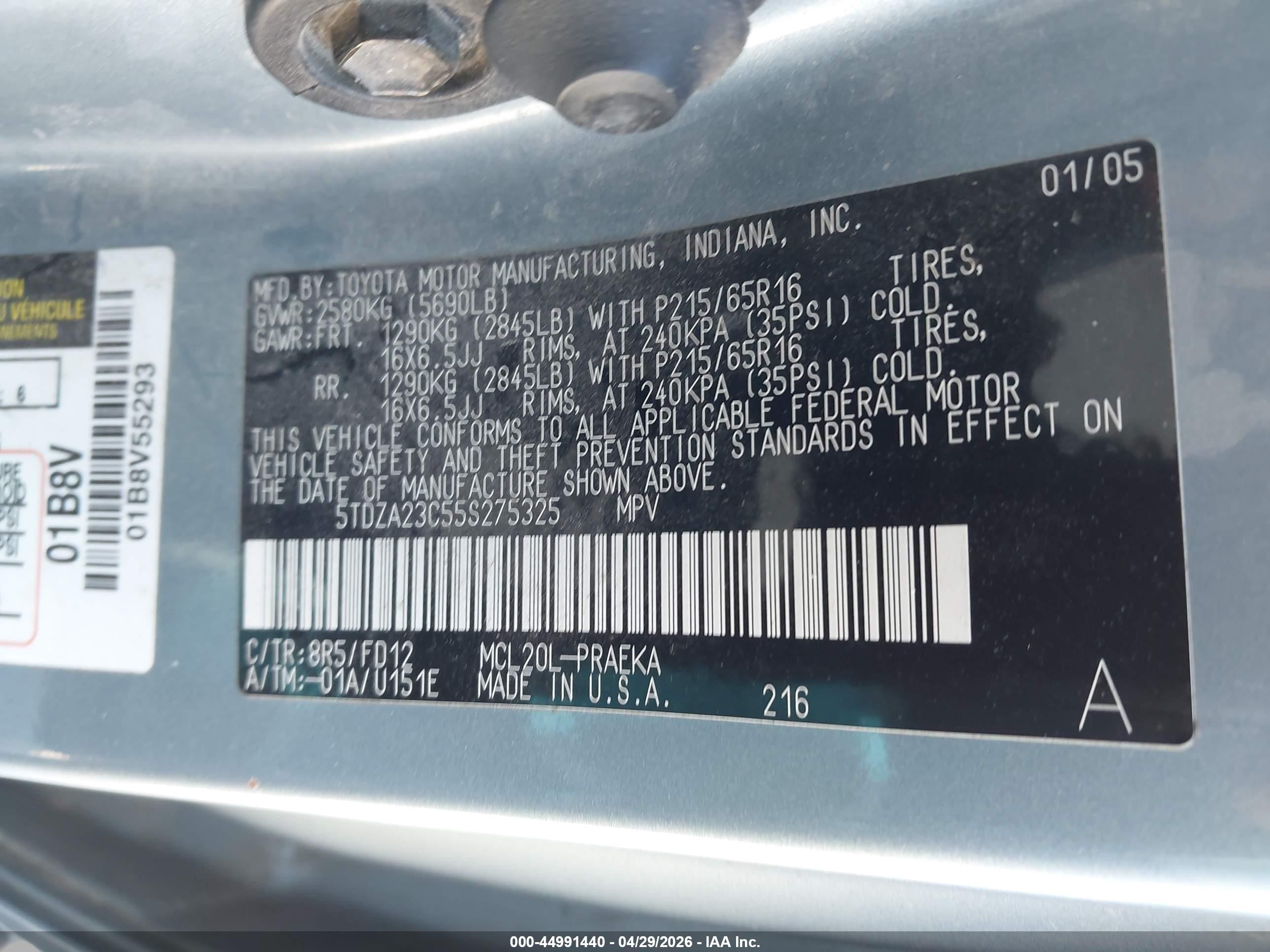 2005 Toyota Sienna Ce Blue vin: 5TDZA23C55S275325