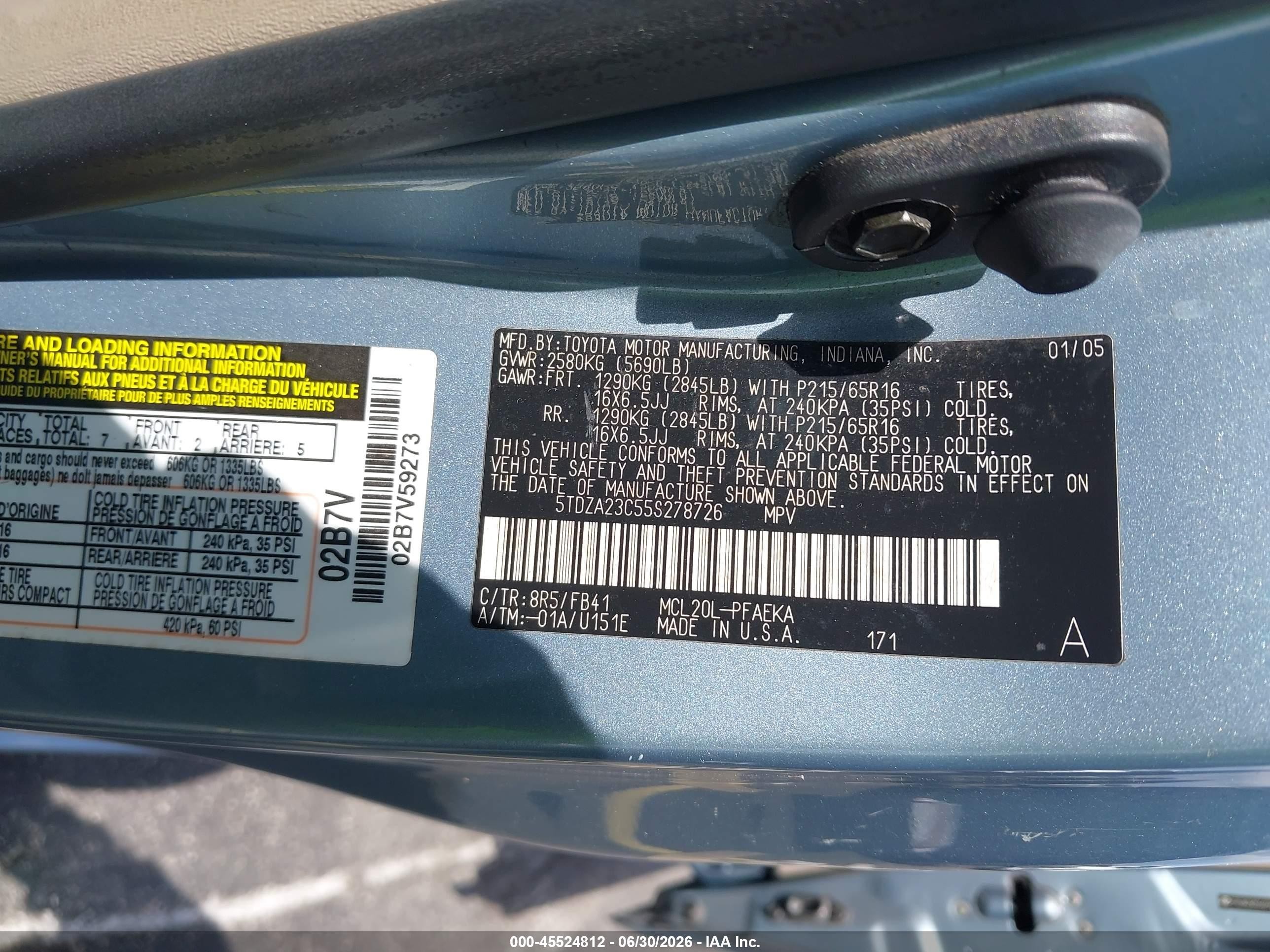 2005 Toyota Sienna Le Light Blue vin: 5TDZA23C55S278726