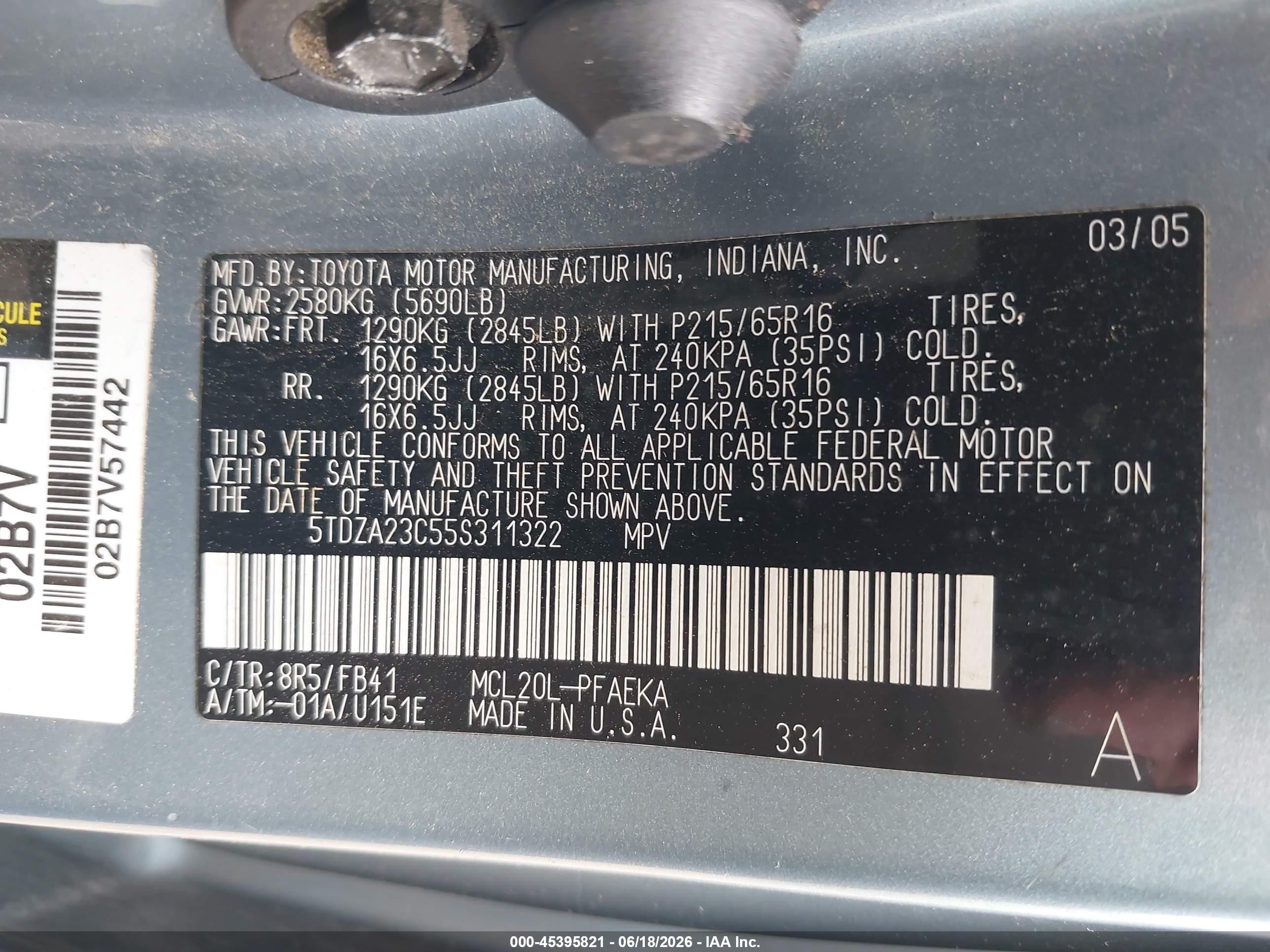 2005 Toyota Sienna Le Blue vin: 5TDZA23C55S311322