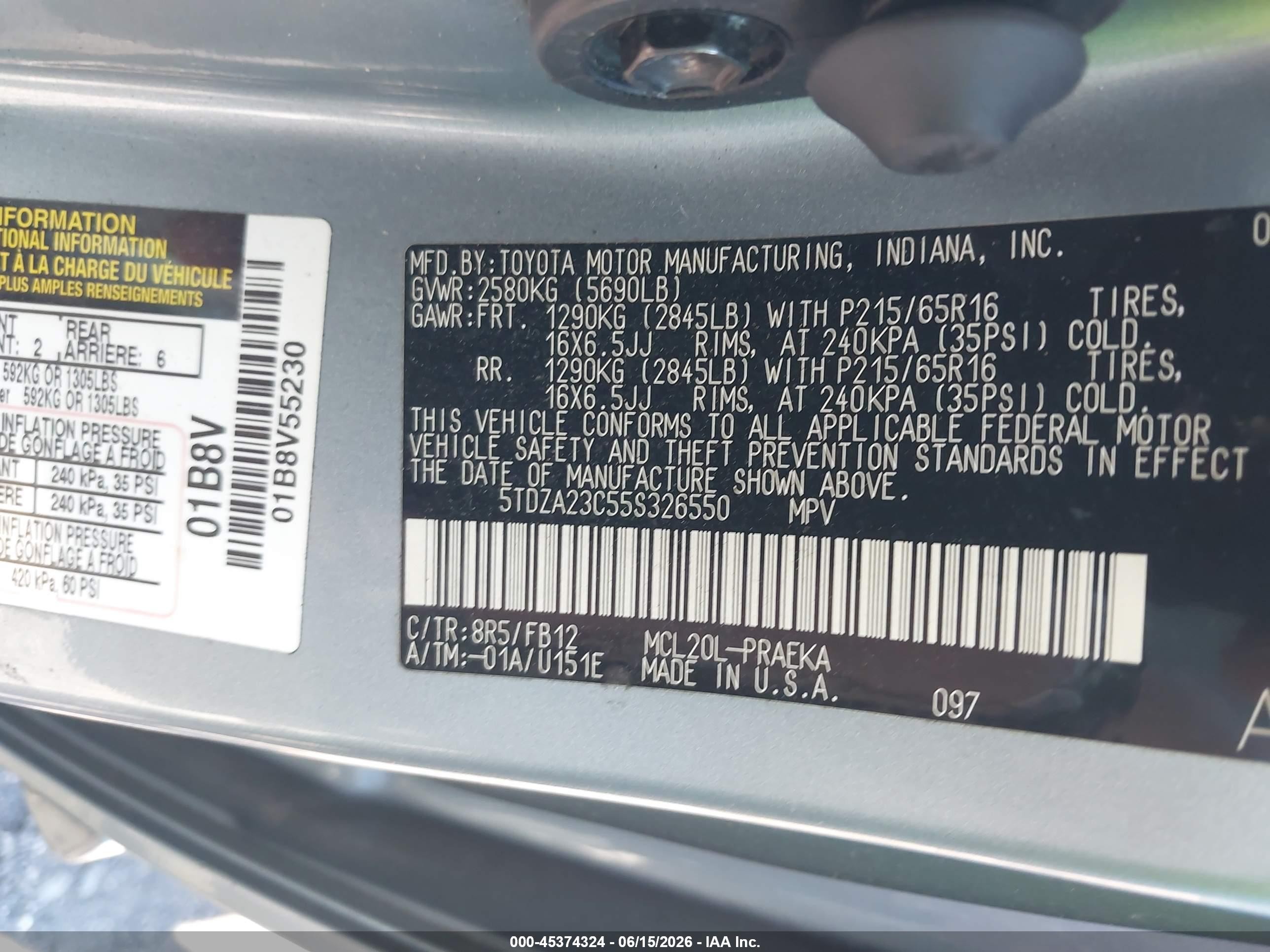 2005 Toyota Sienna Le Gray vin: 5TDZA23C55S326550