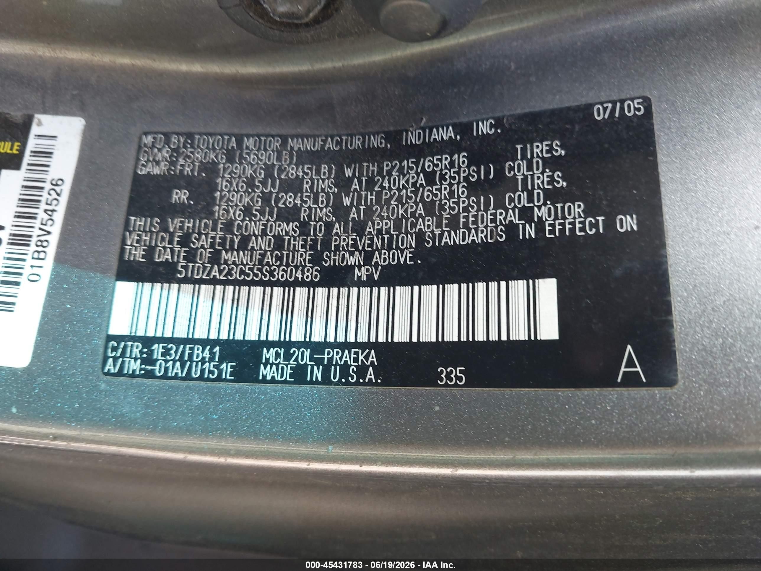 2005 Toyota Sienna Le Silver vin: 5TDZA23C55S360486