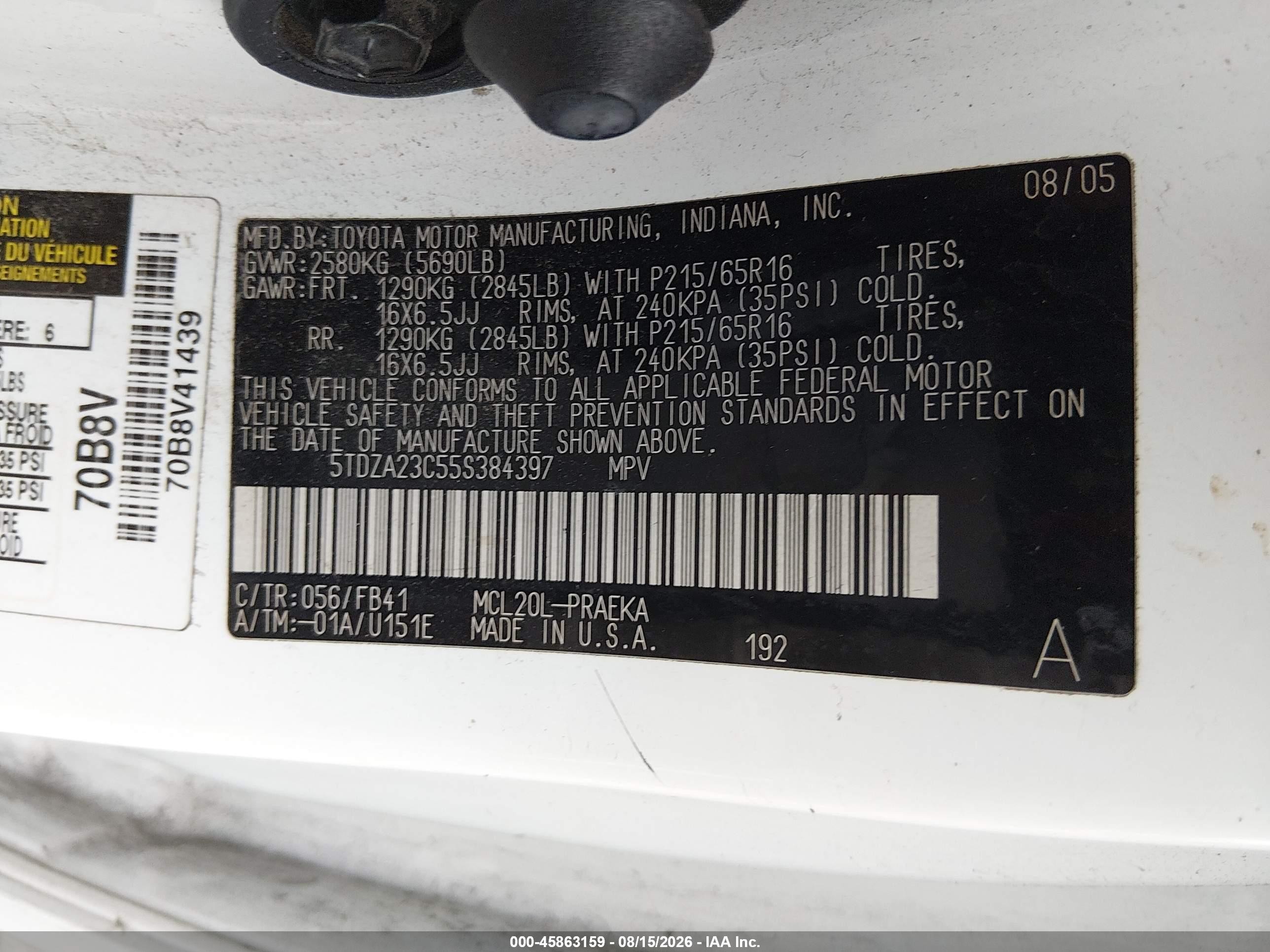 2005 Toyota Sienna Le White vin: 5TDZA23C55S384397