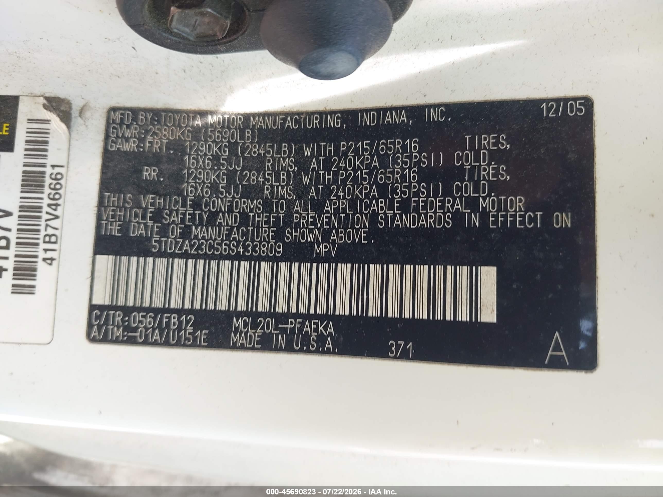 2006 Toyota Sienna Ce White vin: 5TDZA23C56S433809