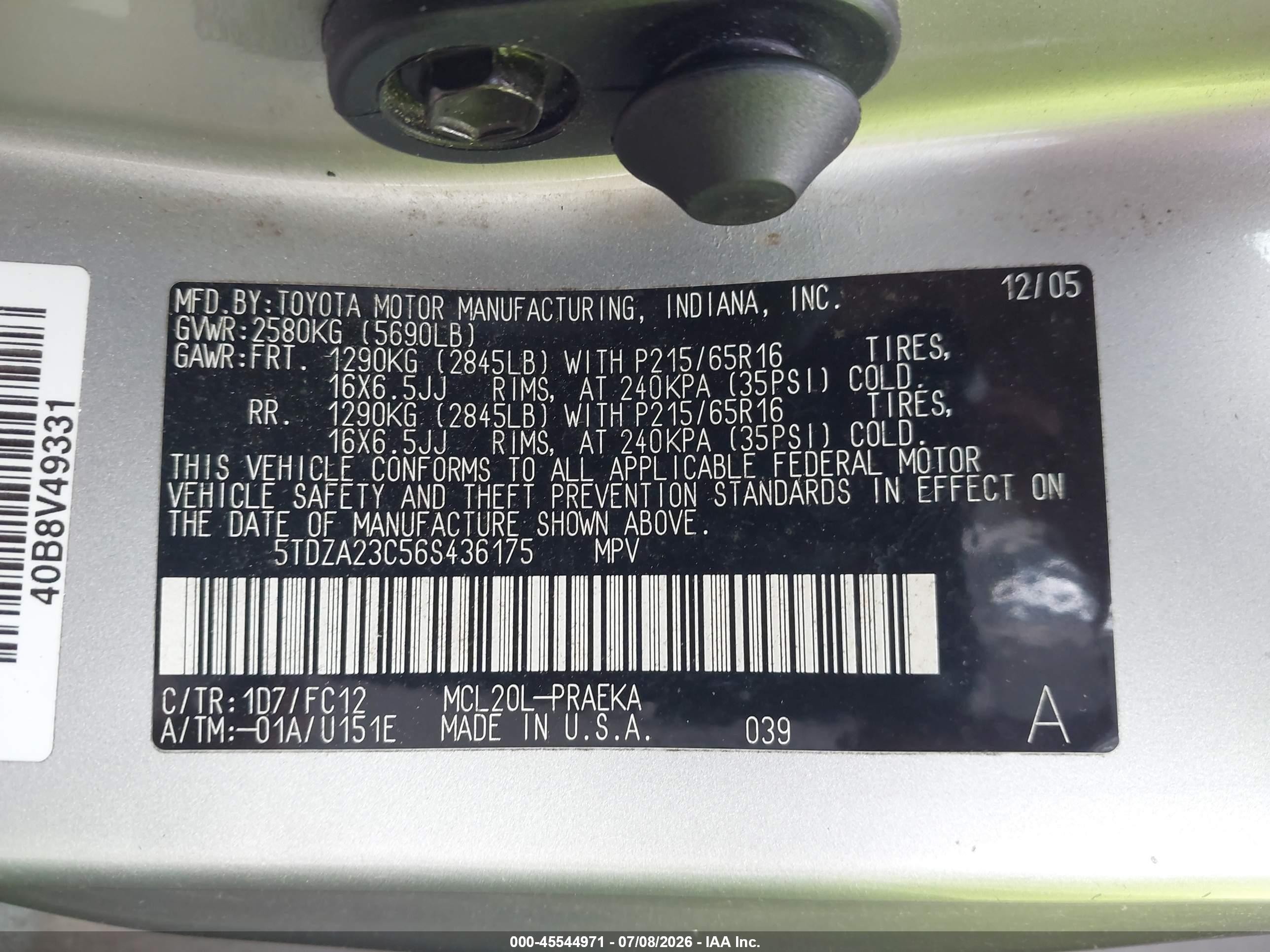 2006 Toyota Sienna Le Silver vin: 5TDZA23C56S436175