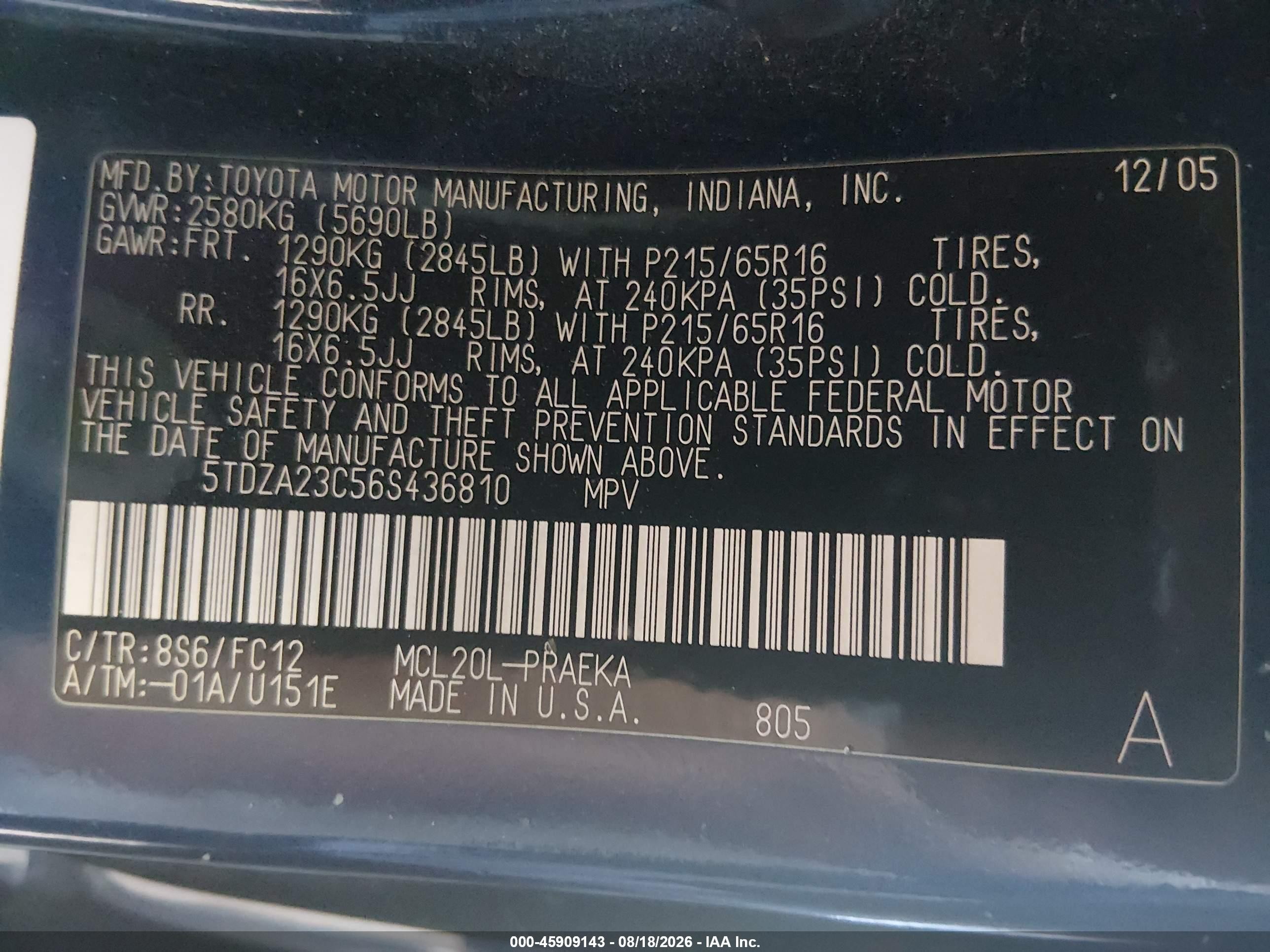 2006 Toyota Sienna Le Blue vin: 5TDZA23C56S436810
