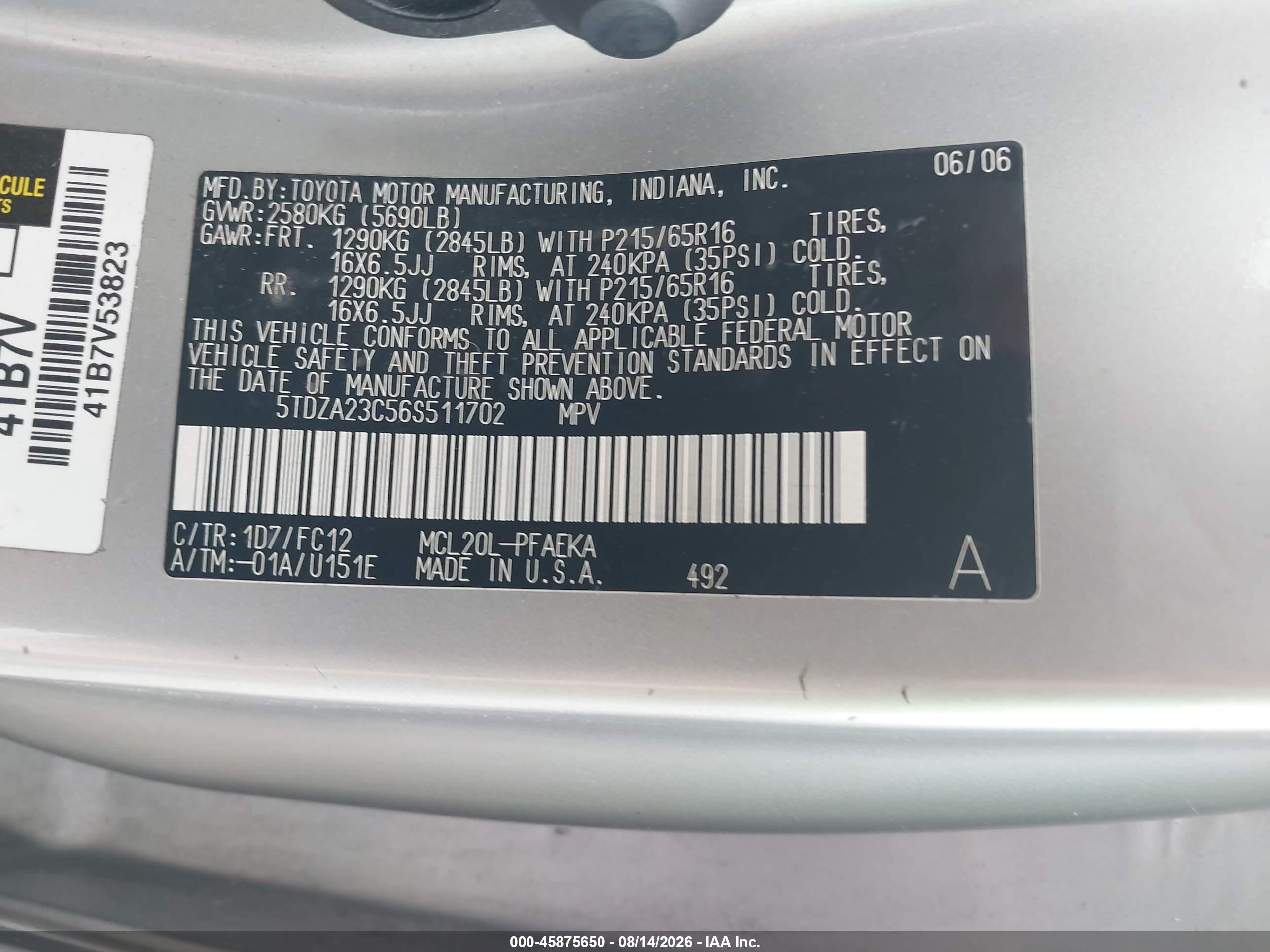 2006 Toyota Sienna Le Gray vin: 5TDZA23C56S511702