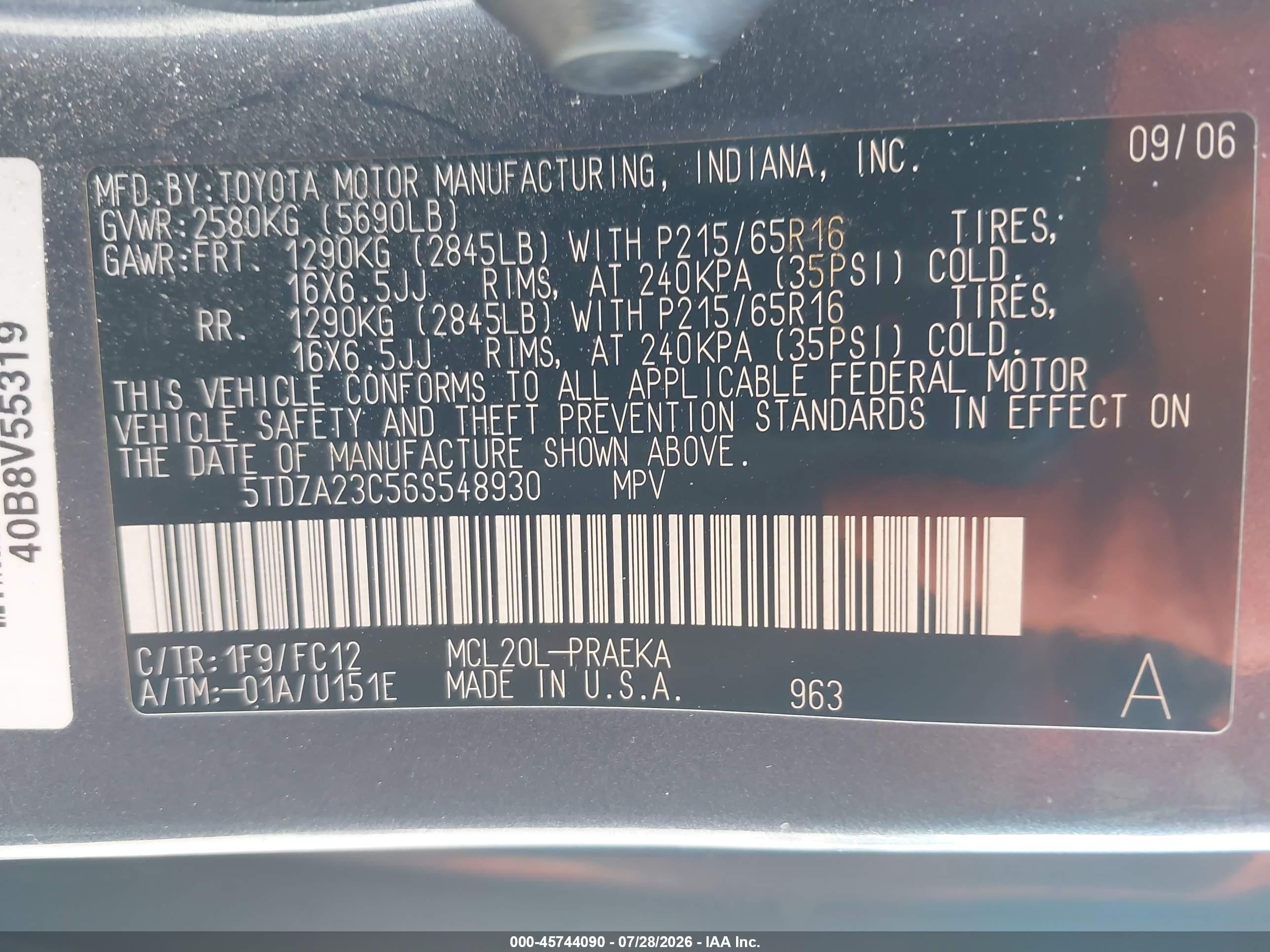 2006 Toyota Sienna Le Teal vin: 5TDZA23C56S548930