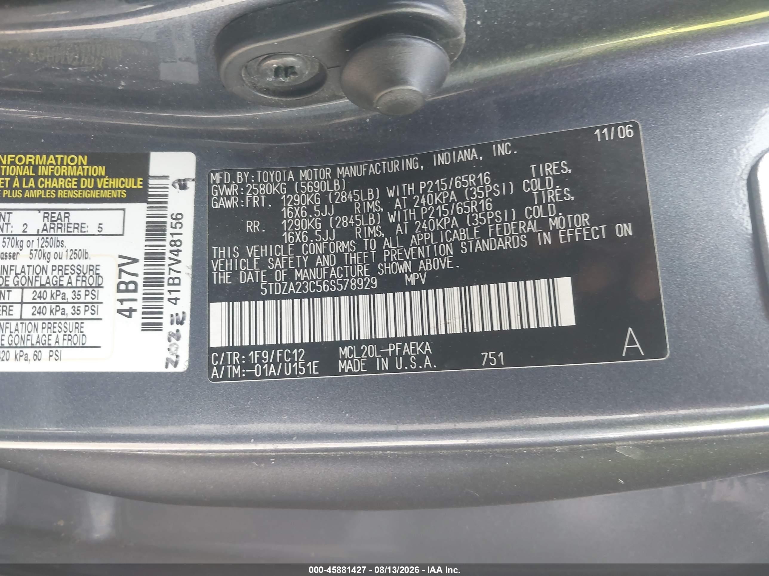 2006 Toyota Sienna Le Black vin: 5TDZA23C56S578929