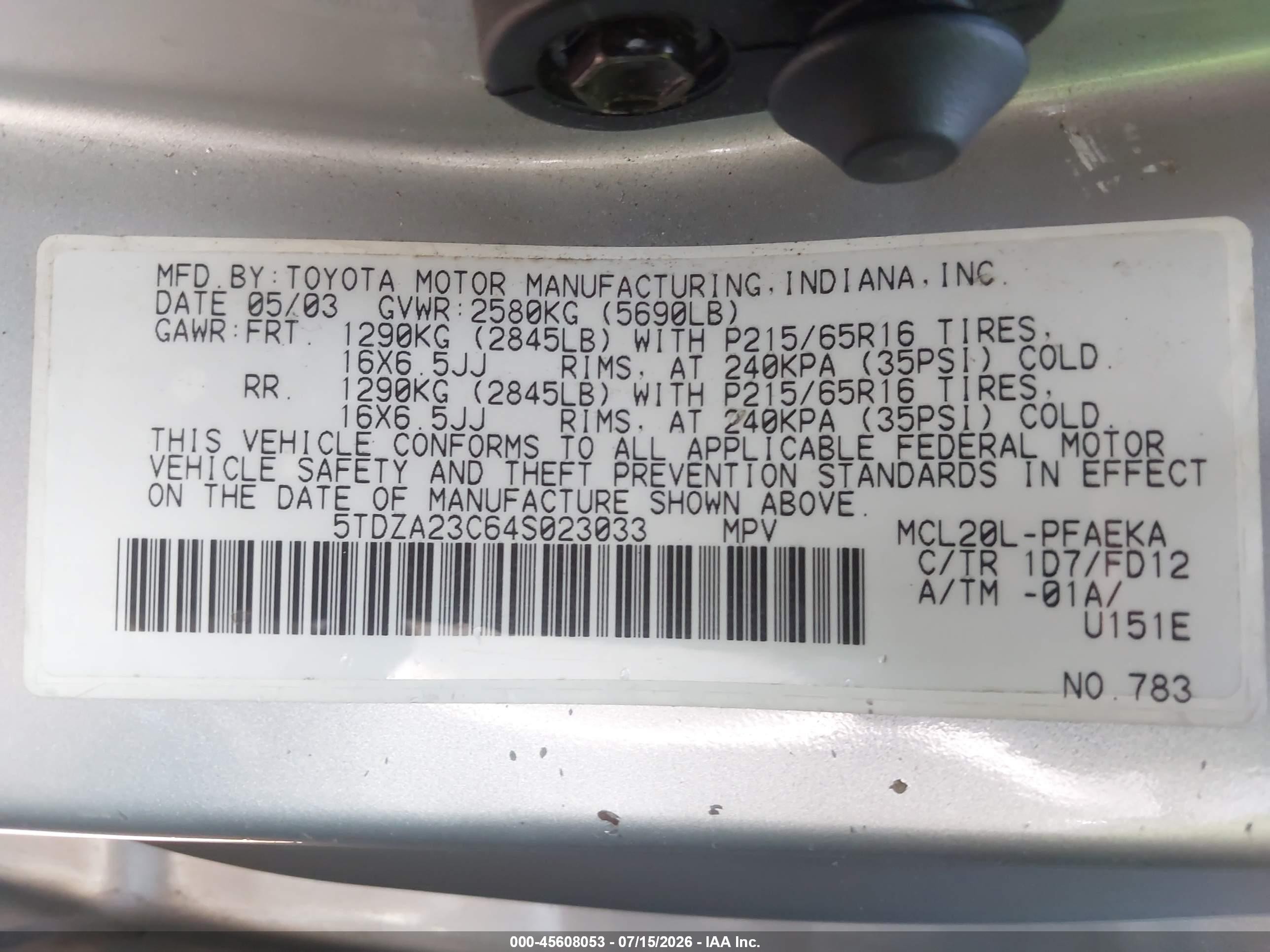 2004 Toyota Sienna Ce Gold vin: 5TDZA23C64S023033