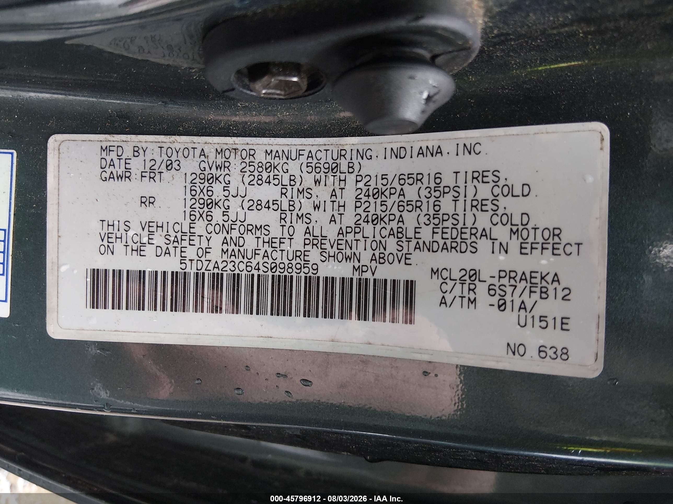 2004 Toyota Sienna Le Зеленый vin: 5TDZA23C64S098959