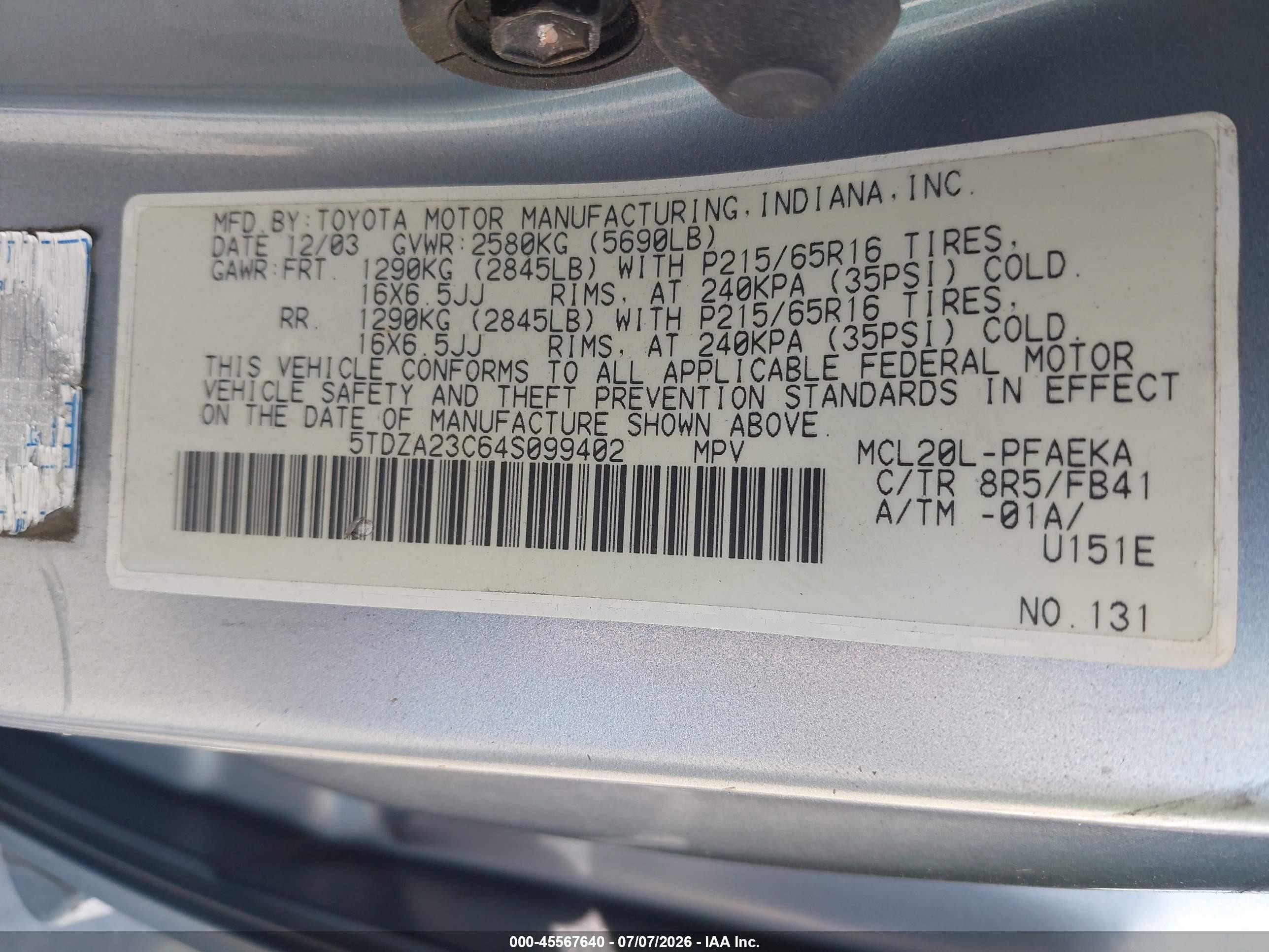 2004 Toyota Sienna Le Light Blue vin: 5TDZA23C64S099402