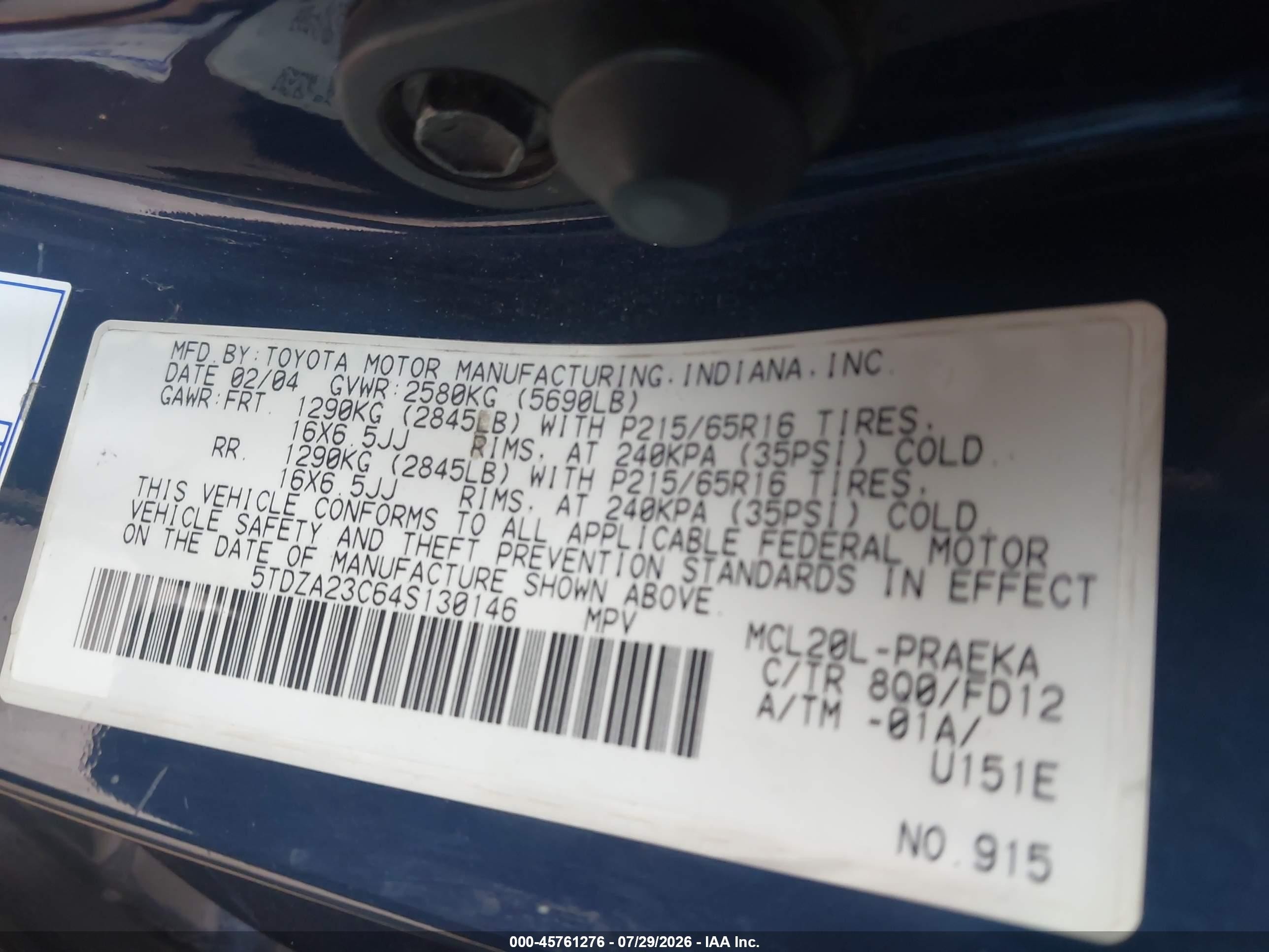 2004 Toyota Sienna Ce Blue vin: 5TDZA23C64S130146