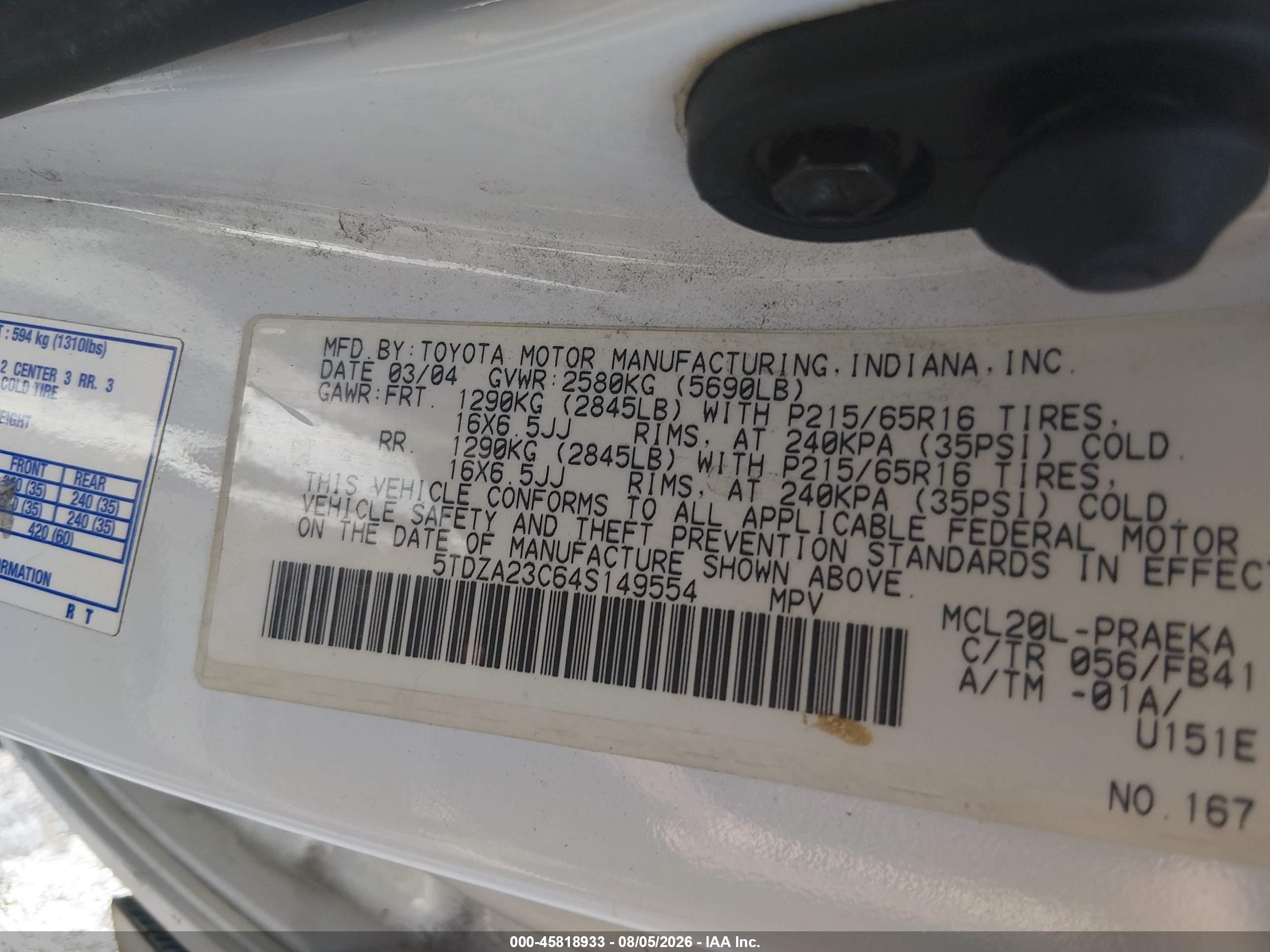 2004 Toyota Sienna Le White vin: 5TDZA23C64S149554