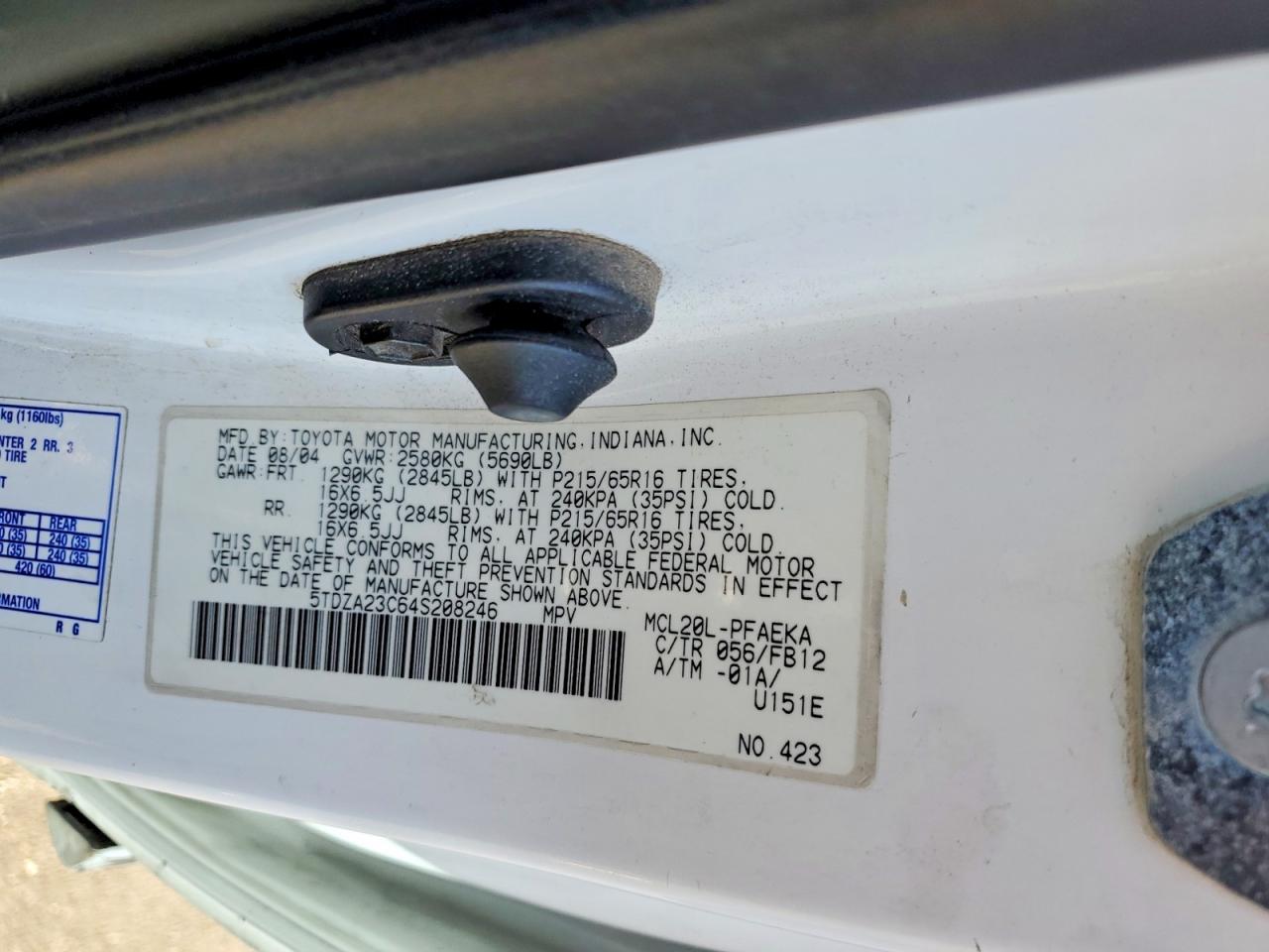 2004 Toyota Sienna Le 7 Passenger Белый vin: 5TDZA23C64S208246