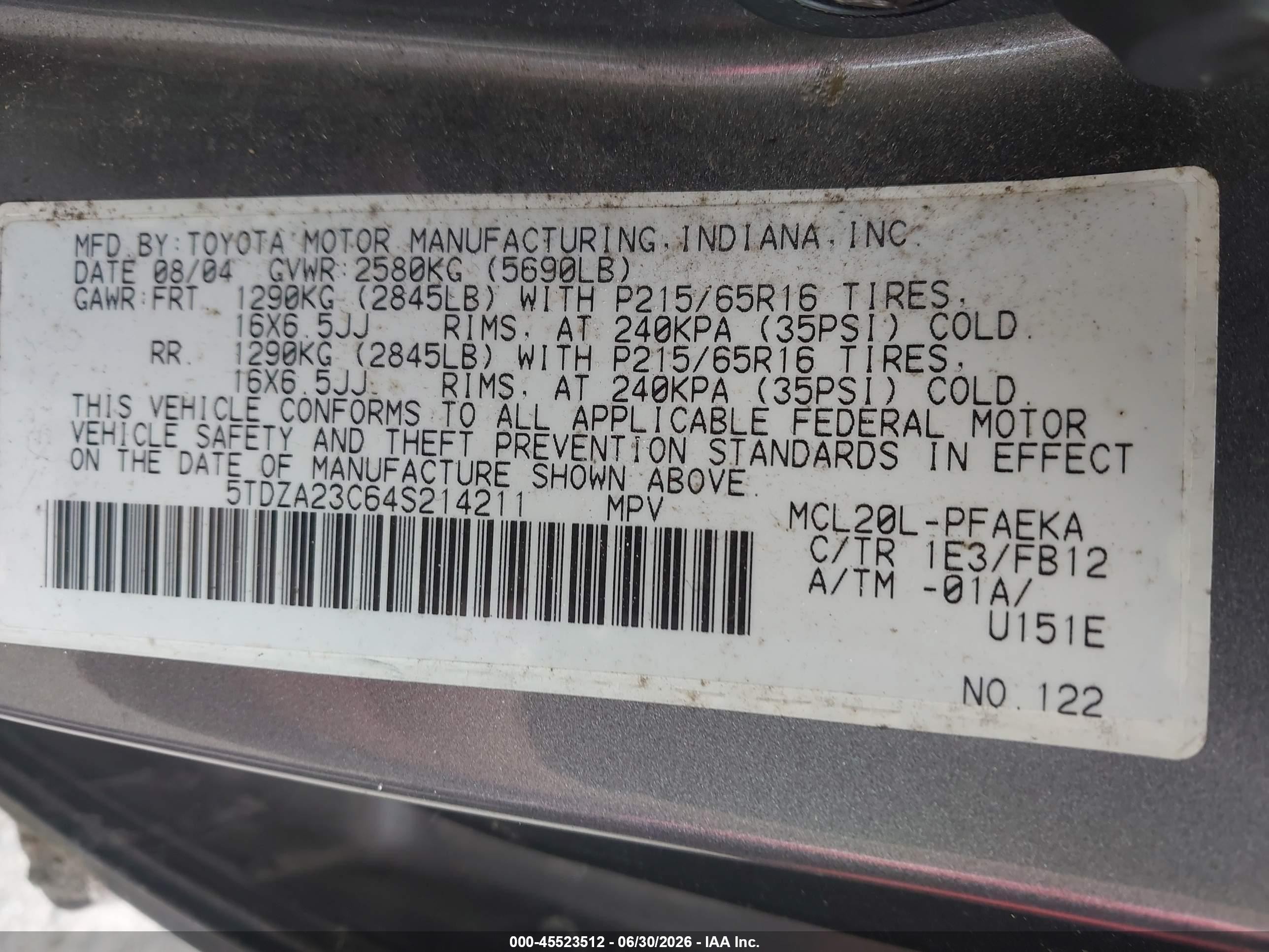 2004 Toyota Sienna Le Gray vin: 5TDZA23C64S214211