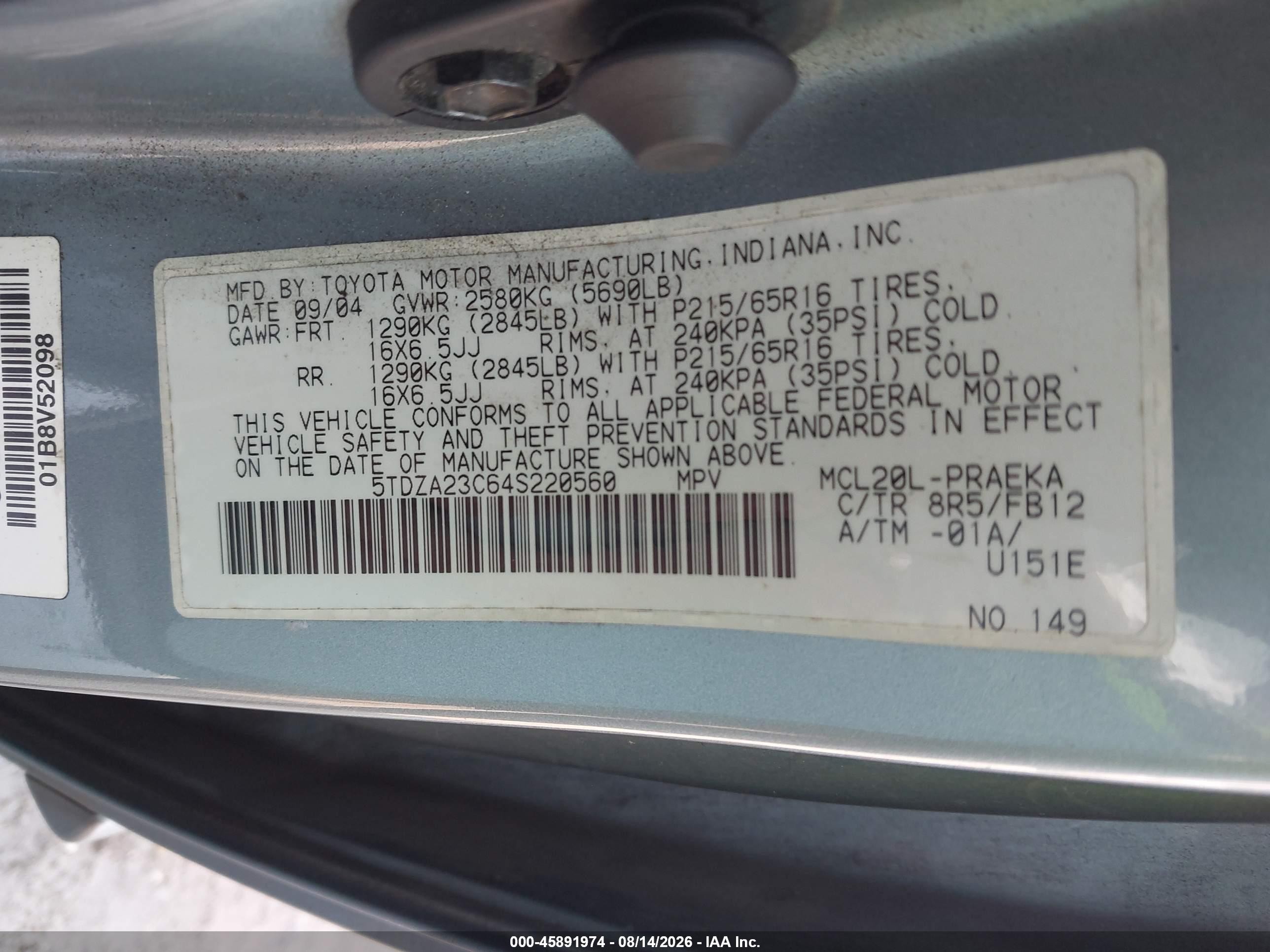 2004 Toyota Sienna Le Light Blue vin: 5TDZA23C64S220560