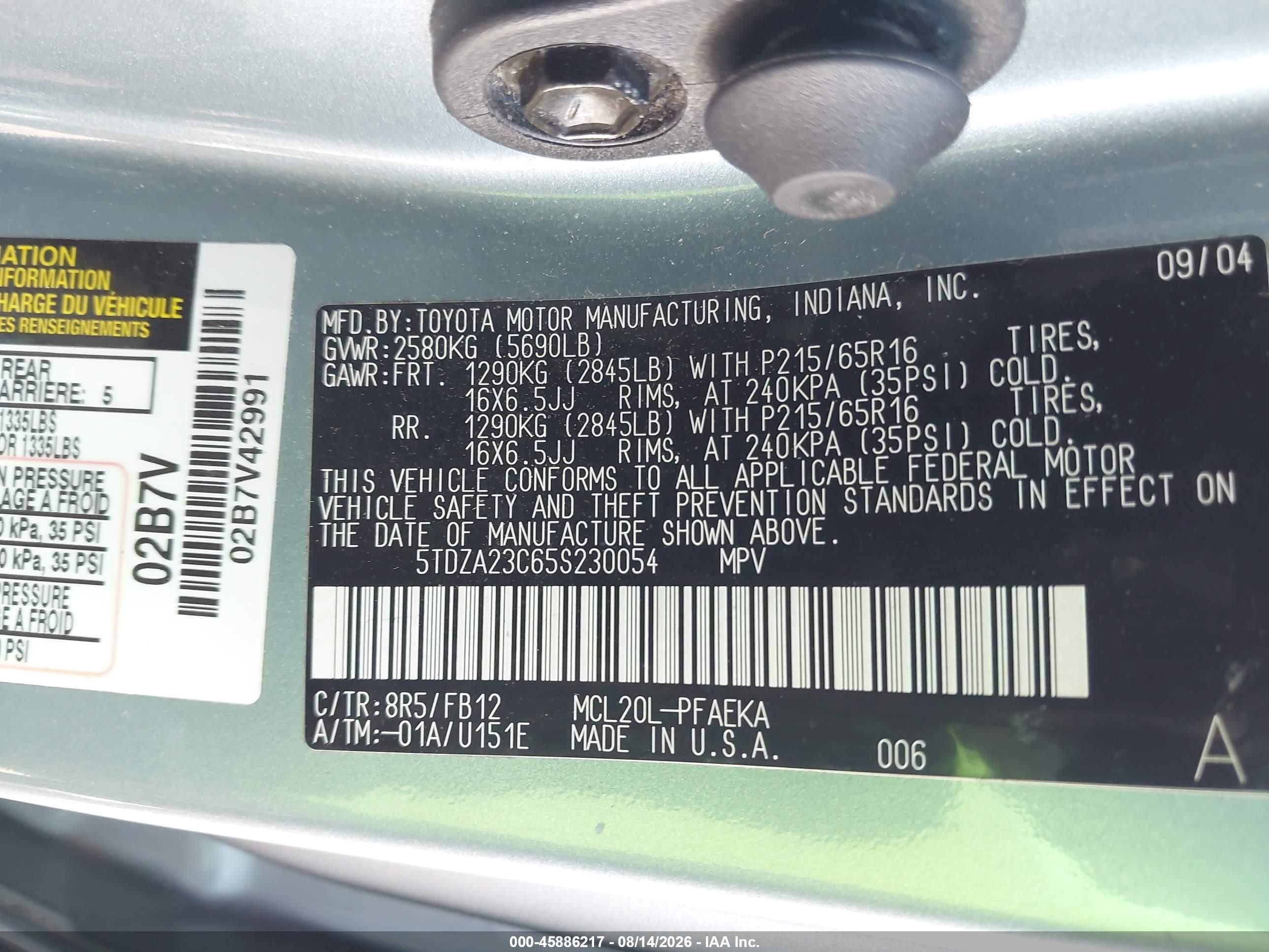 2005 Toyota Sienna Le Light Blue vin: 5TDZA23C65S230054
