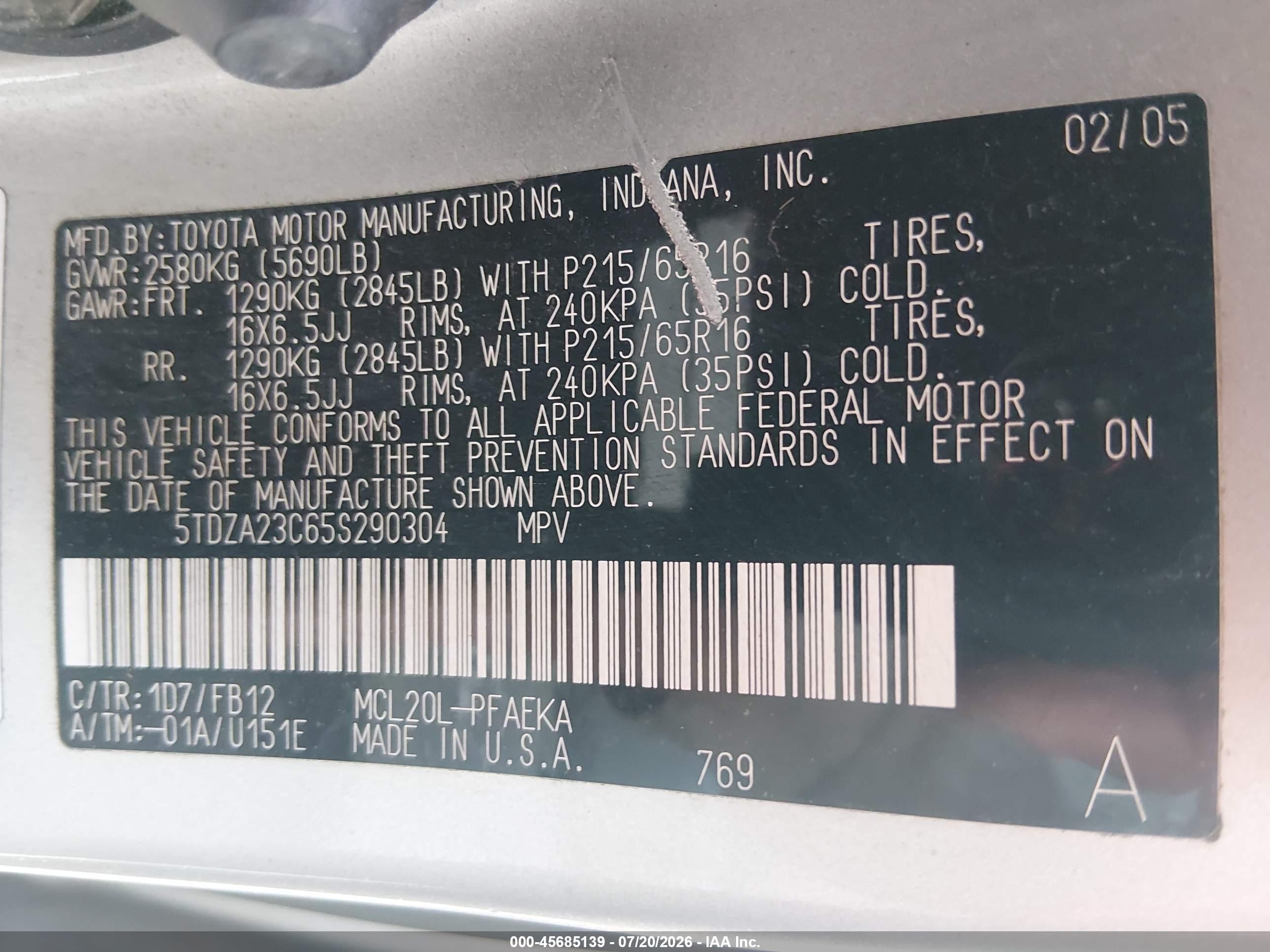 2005 Toyota Sienna Le Blue vin: 5TDZA23C65S290304