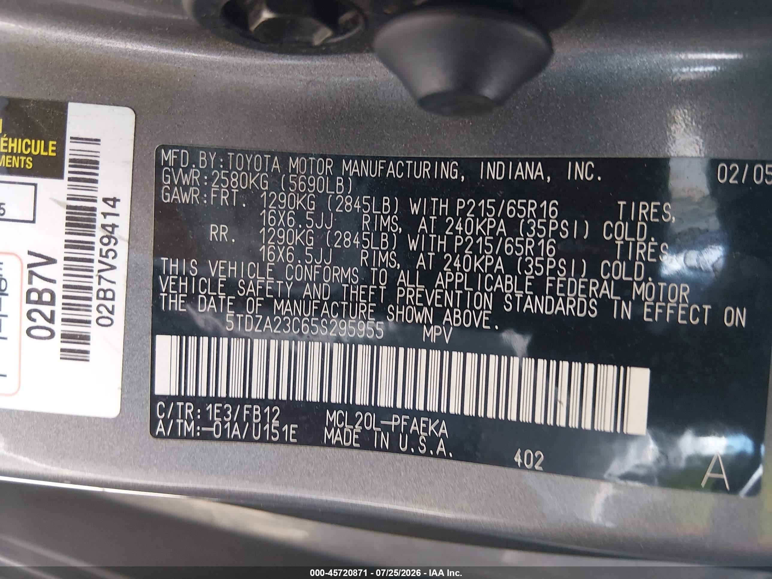 2005 Toyota Sienna Le Gray vin: 5TDZA23C65S295955