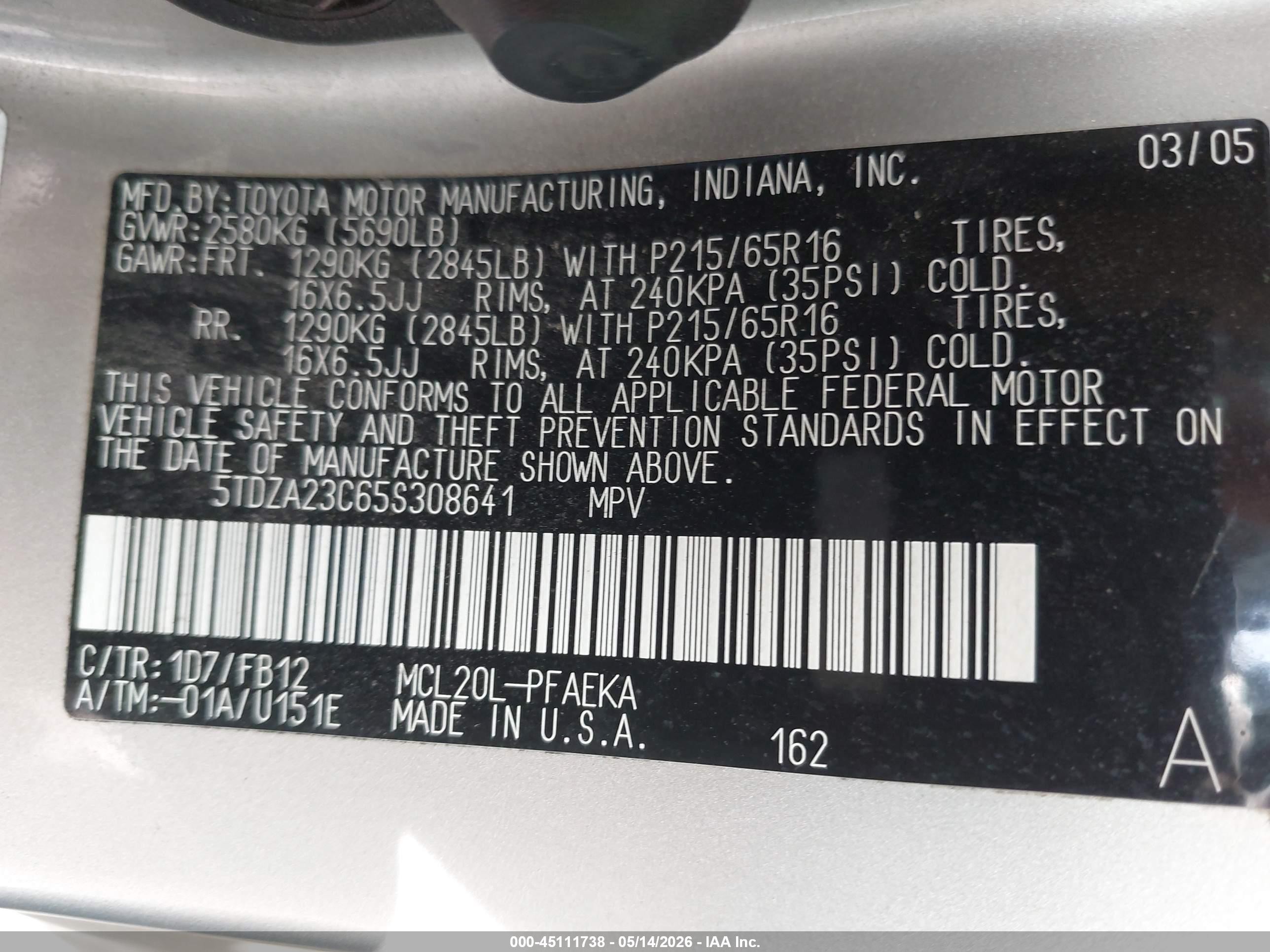 2005 Toyota Sienna Le Silver vin: 5TDZA23C65S308641