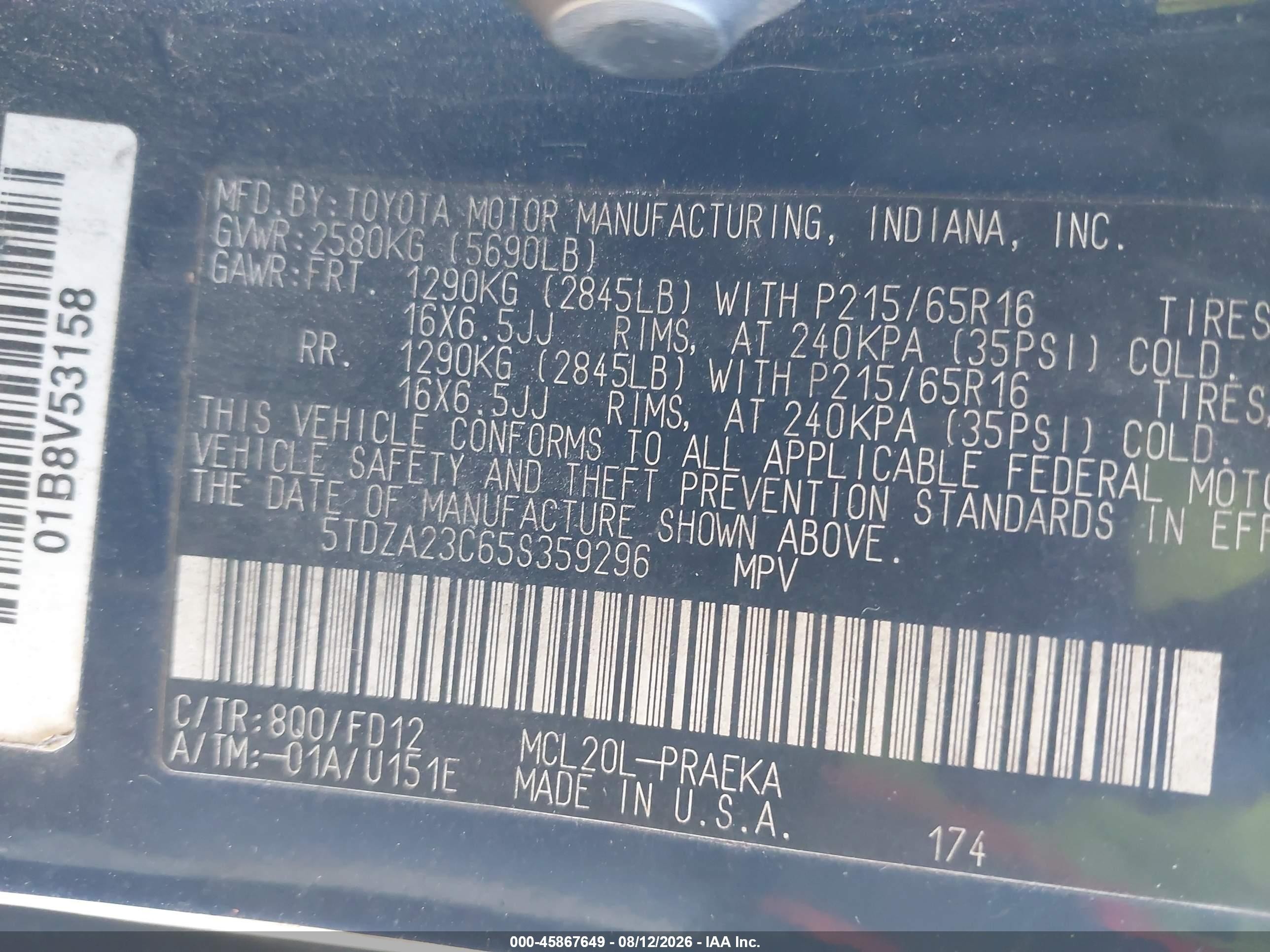 2005 Toyota Sienna Ce Blue vin: 5TDZA23C65S359296