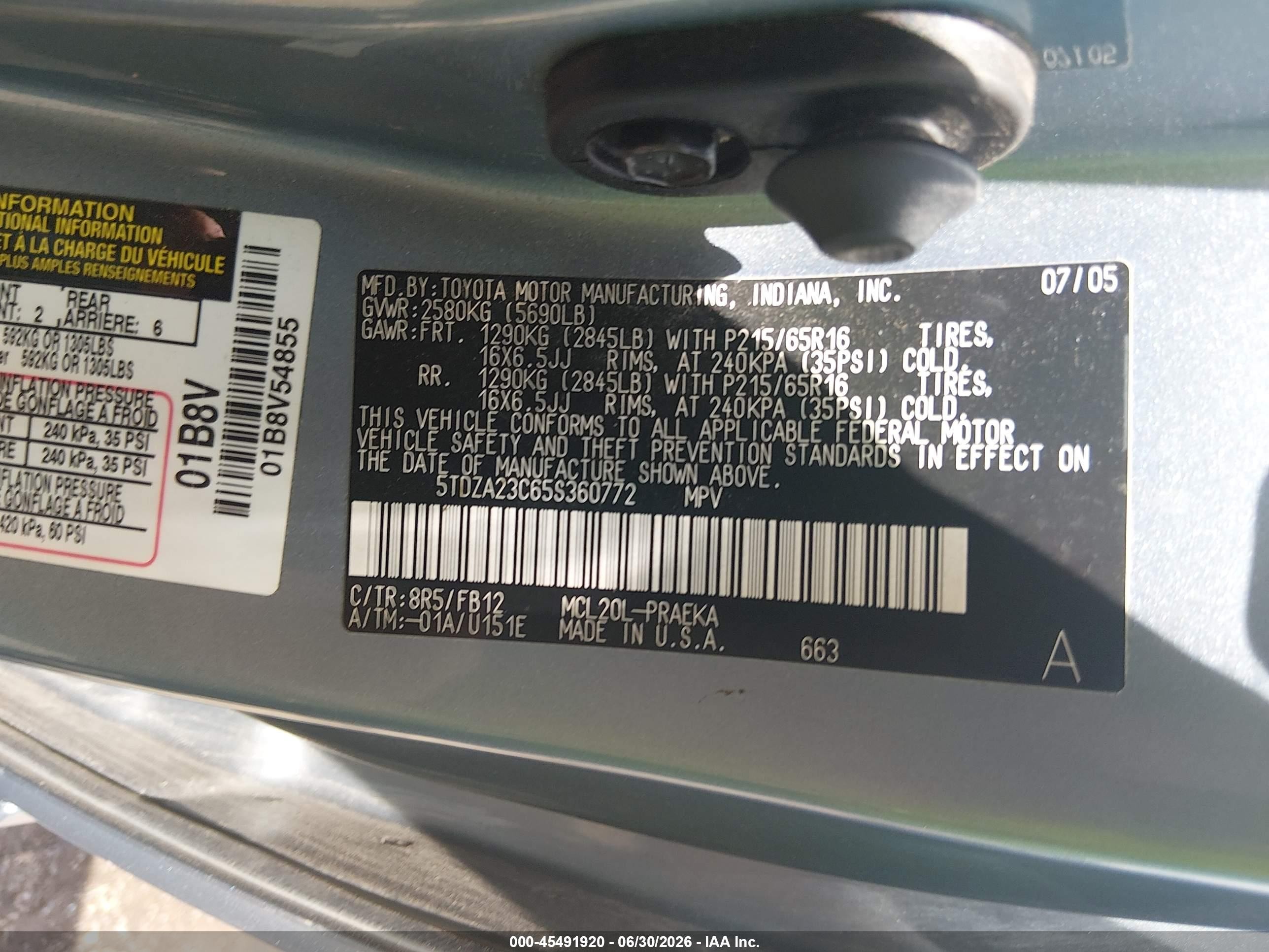 2005 Toyota Sienna Le Light Blue vin: 5TDZA23C65S360772