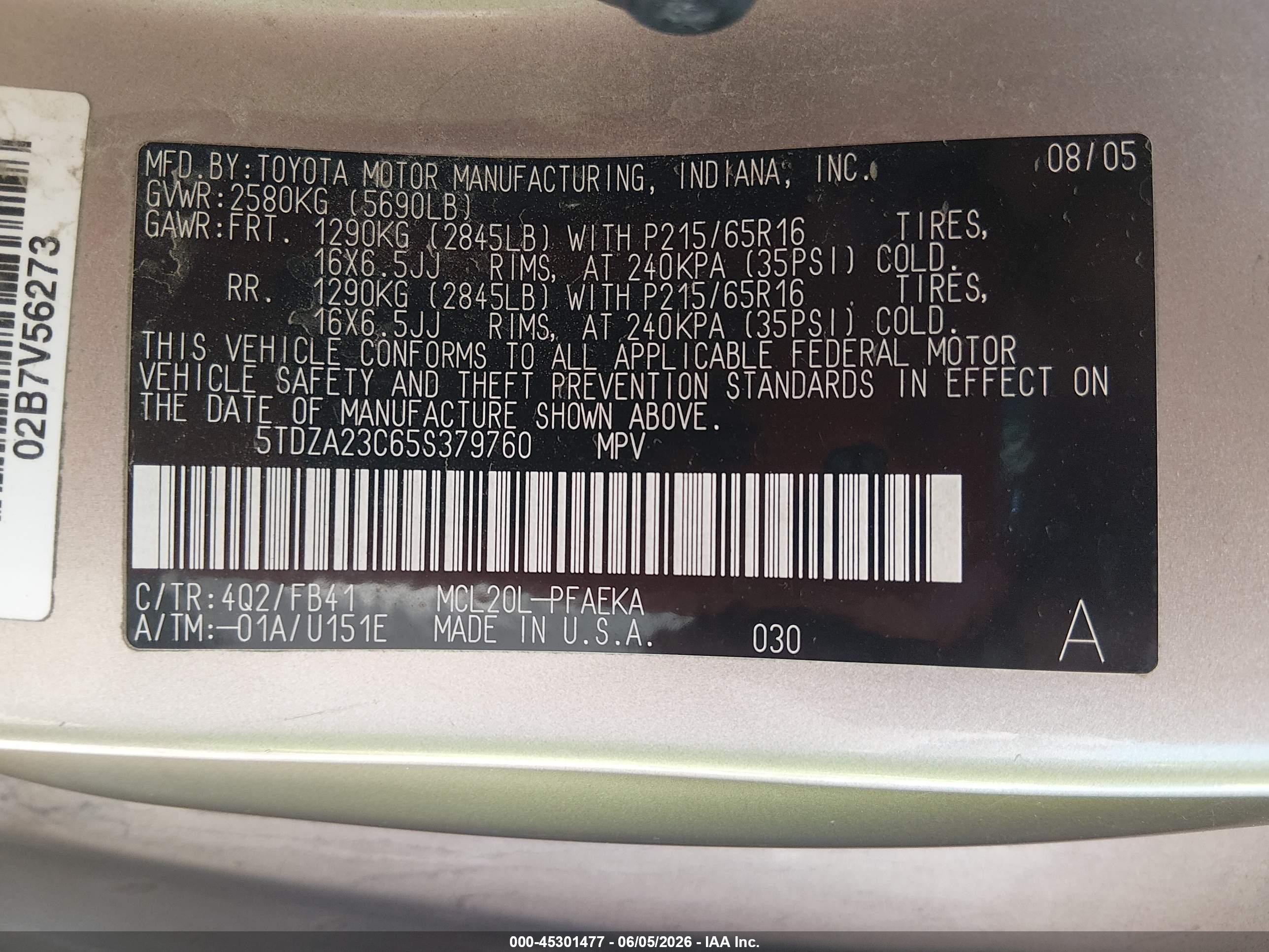 2005 Toyota Sienna Le Gold vin: 5TDZA23C65S379760