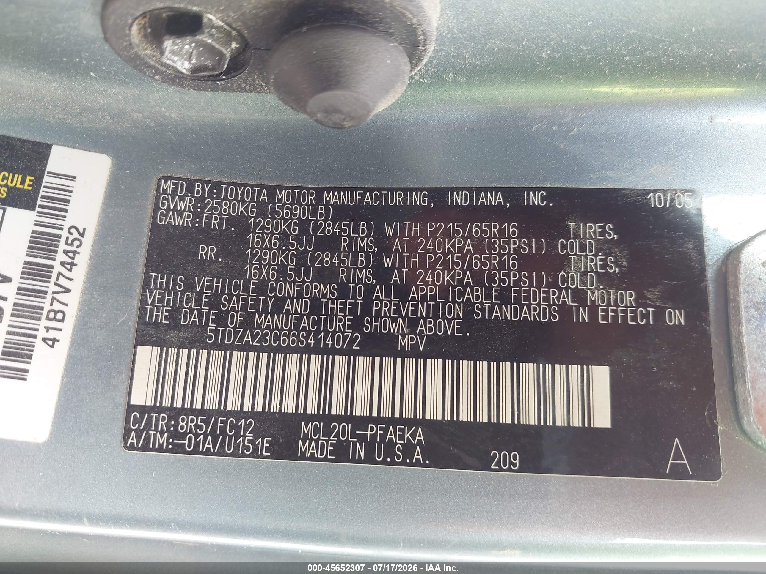 2006 Toyota Sienna Le Light Blue vin: 5TDZA23C66S414072