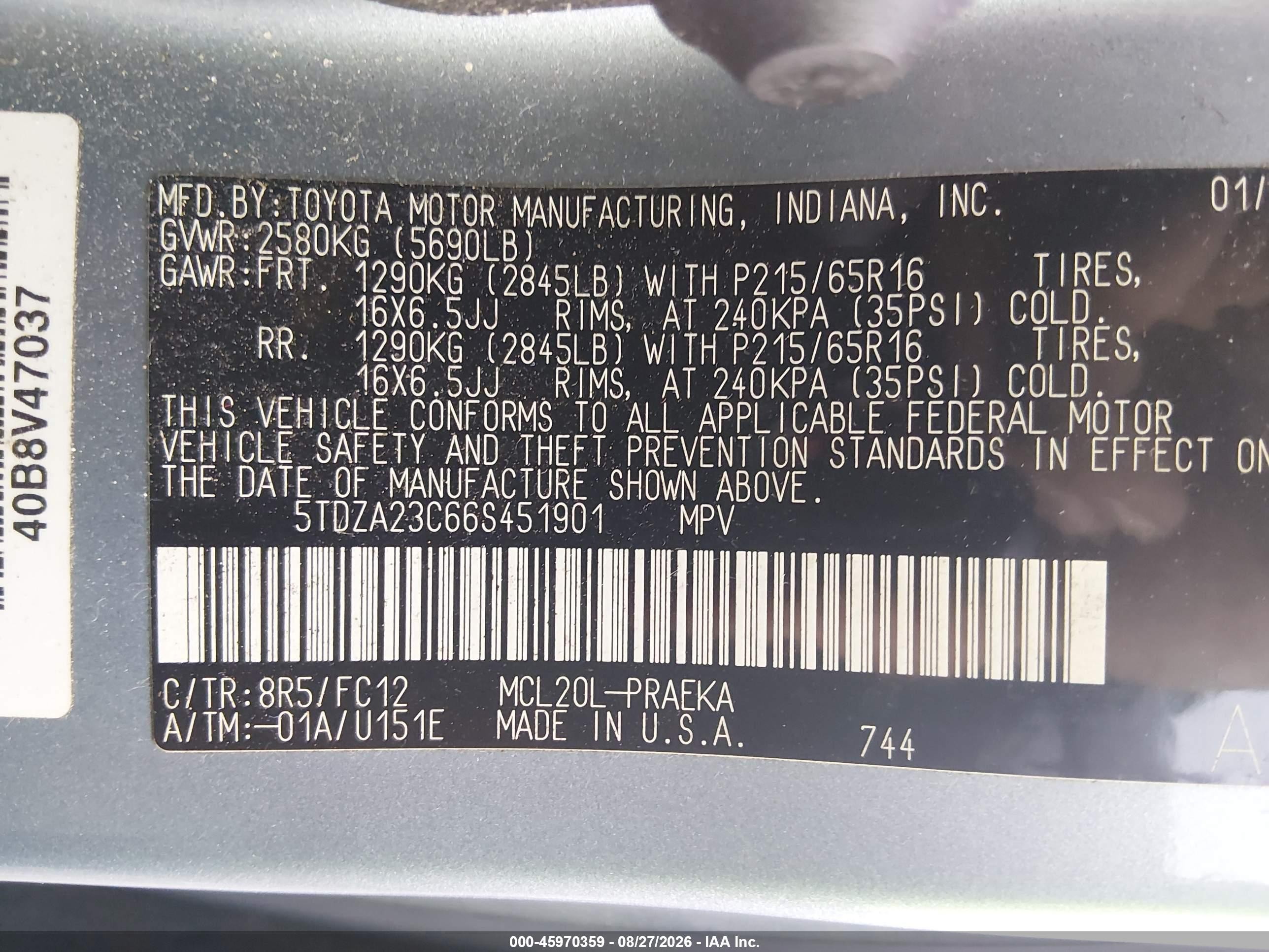 2006 Toyota Sienna Le Gray vin: 5TDZA23C66S451901