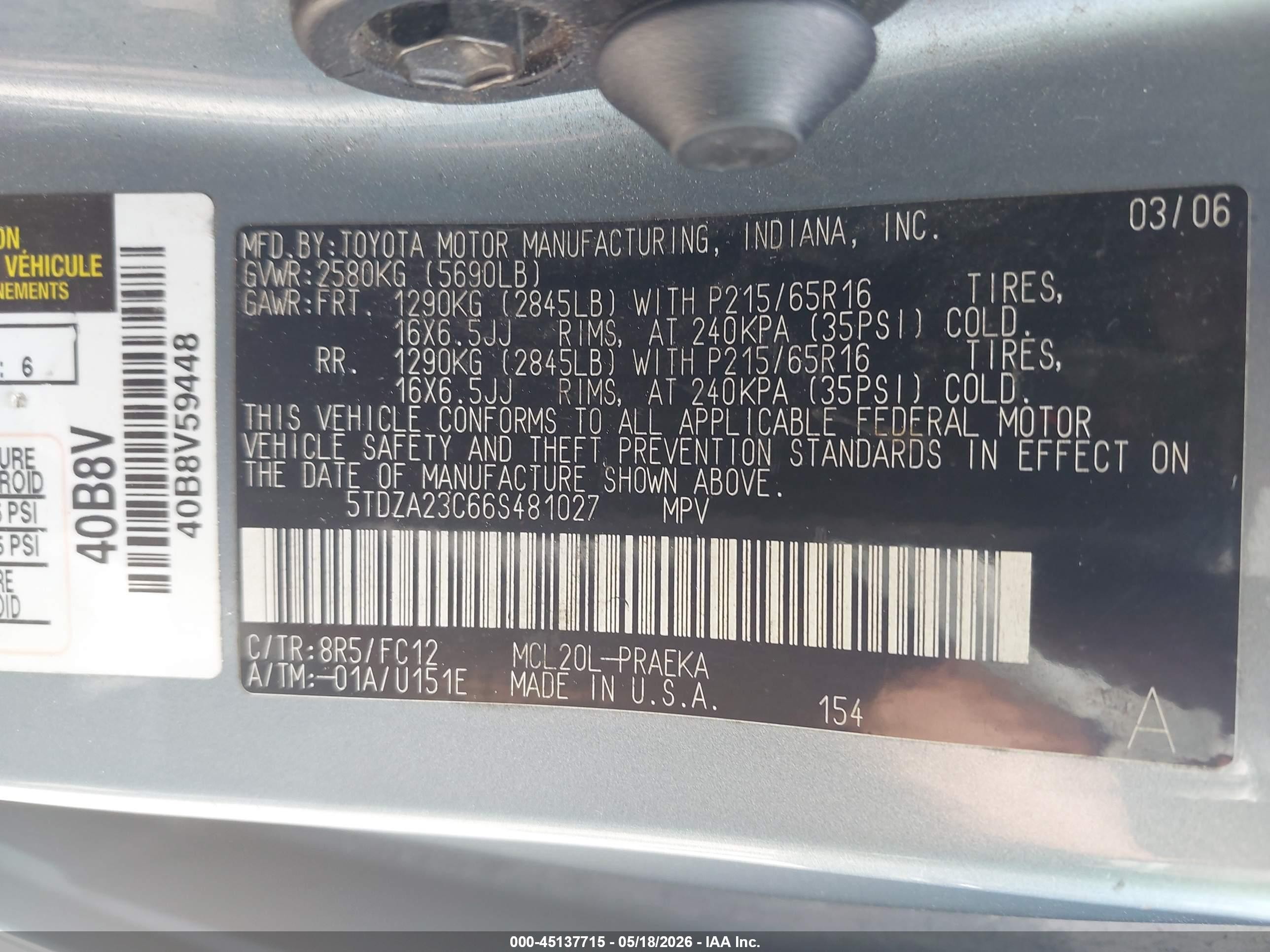 2006 Toyota Sienna Le Light Blue vin: 5TDZA23C66S481027